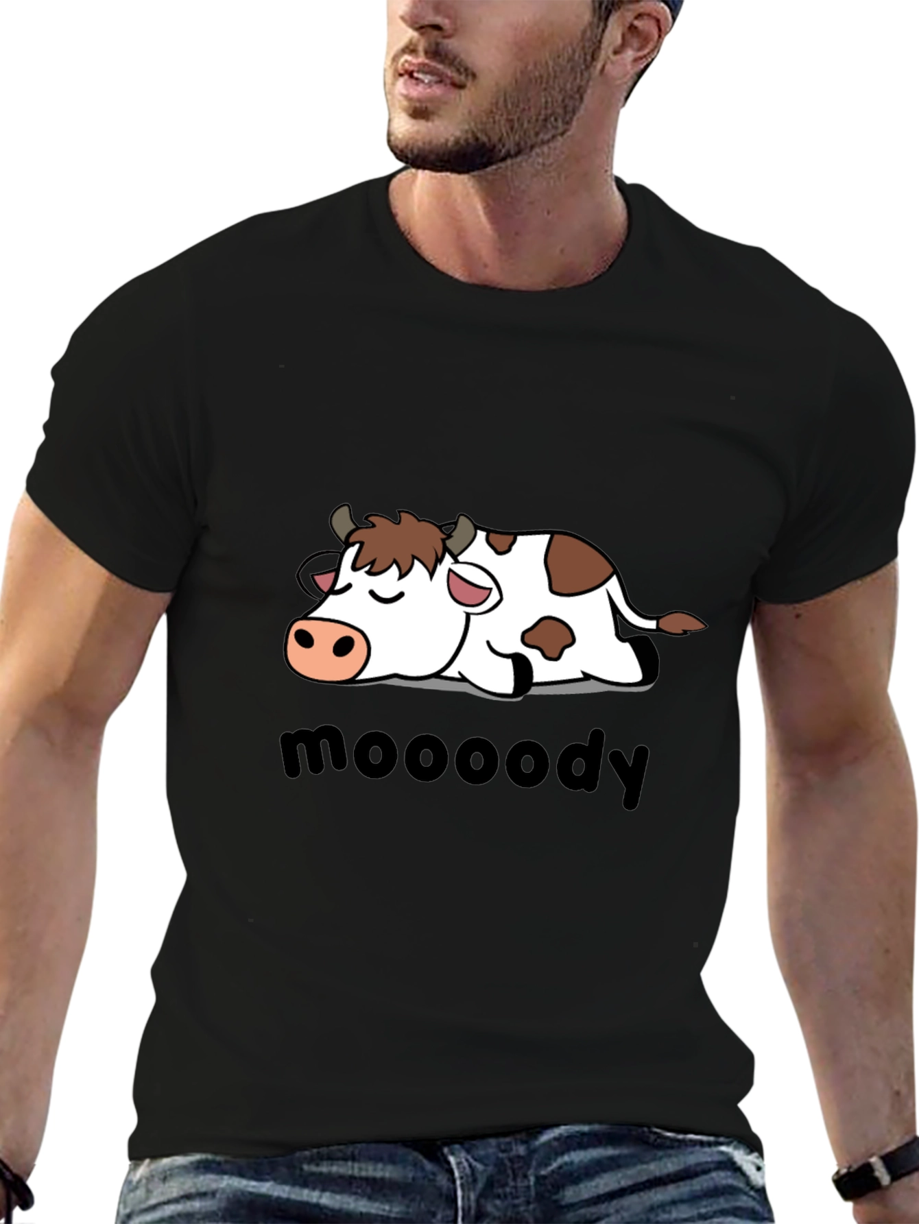 Black Moody Cow Graphic Tee - Black Cotton T-Shirt view 6