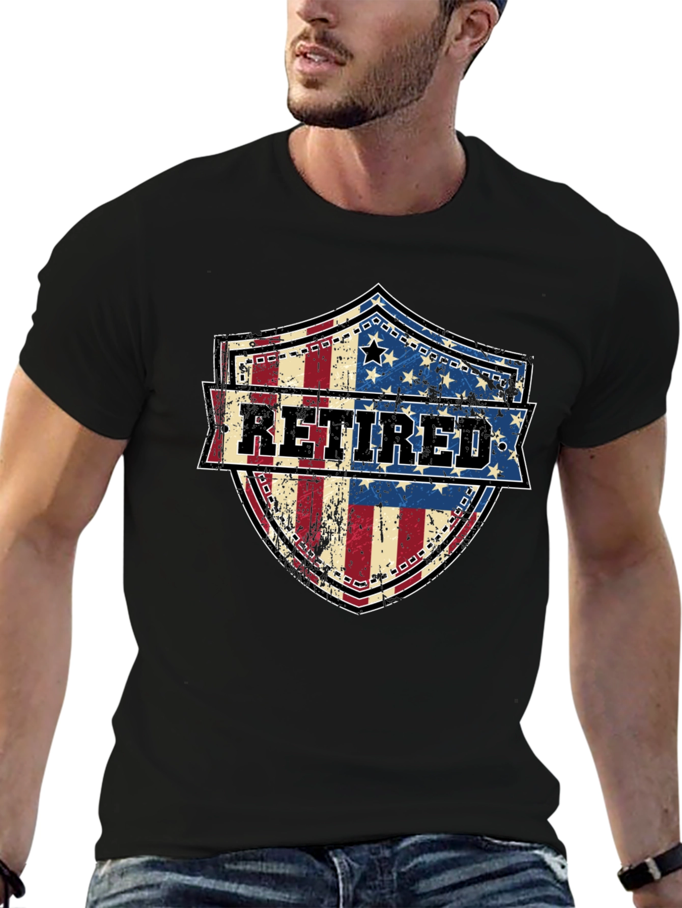 Black Retired American Flag Shield T-Shirt view 6