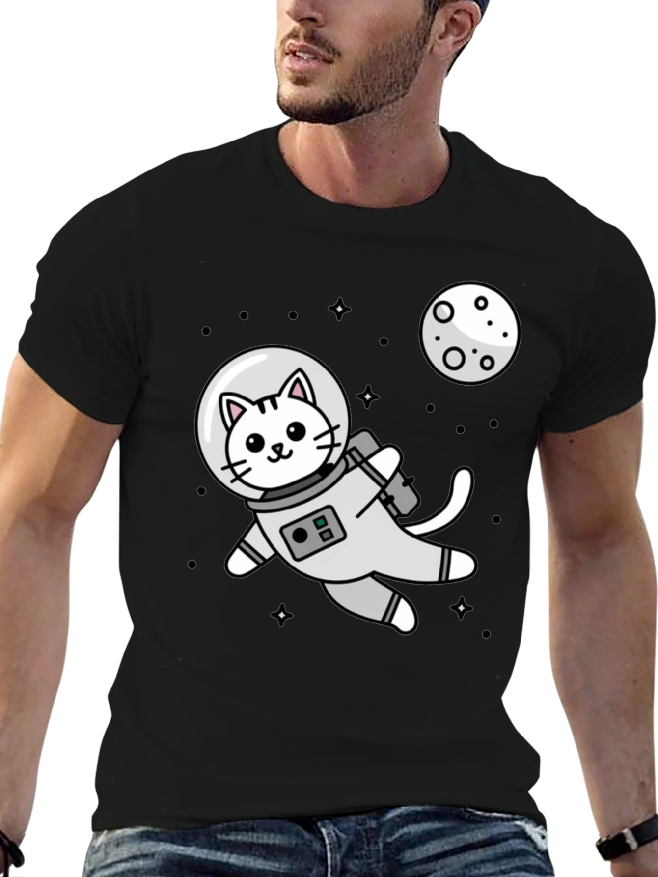Black Astronaut Cat Graphic T-Shirt - Space Kitten Tee view 6