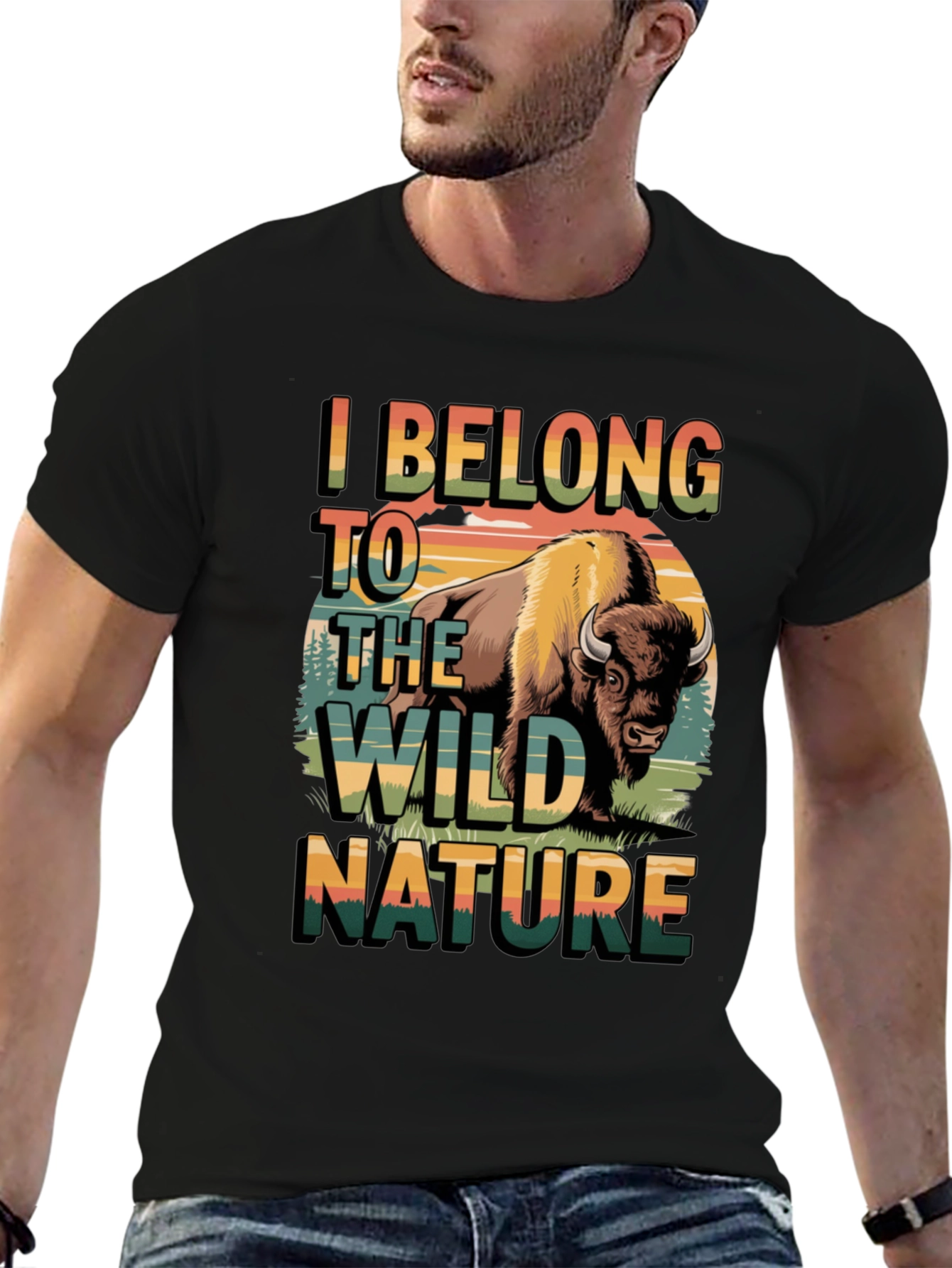 Black Wild Nature Bison Graphic Tee - Men's Black T-Shirt view 6