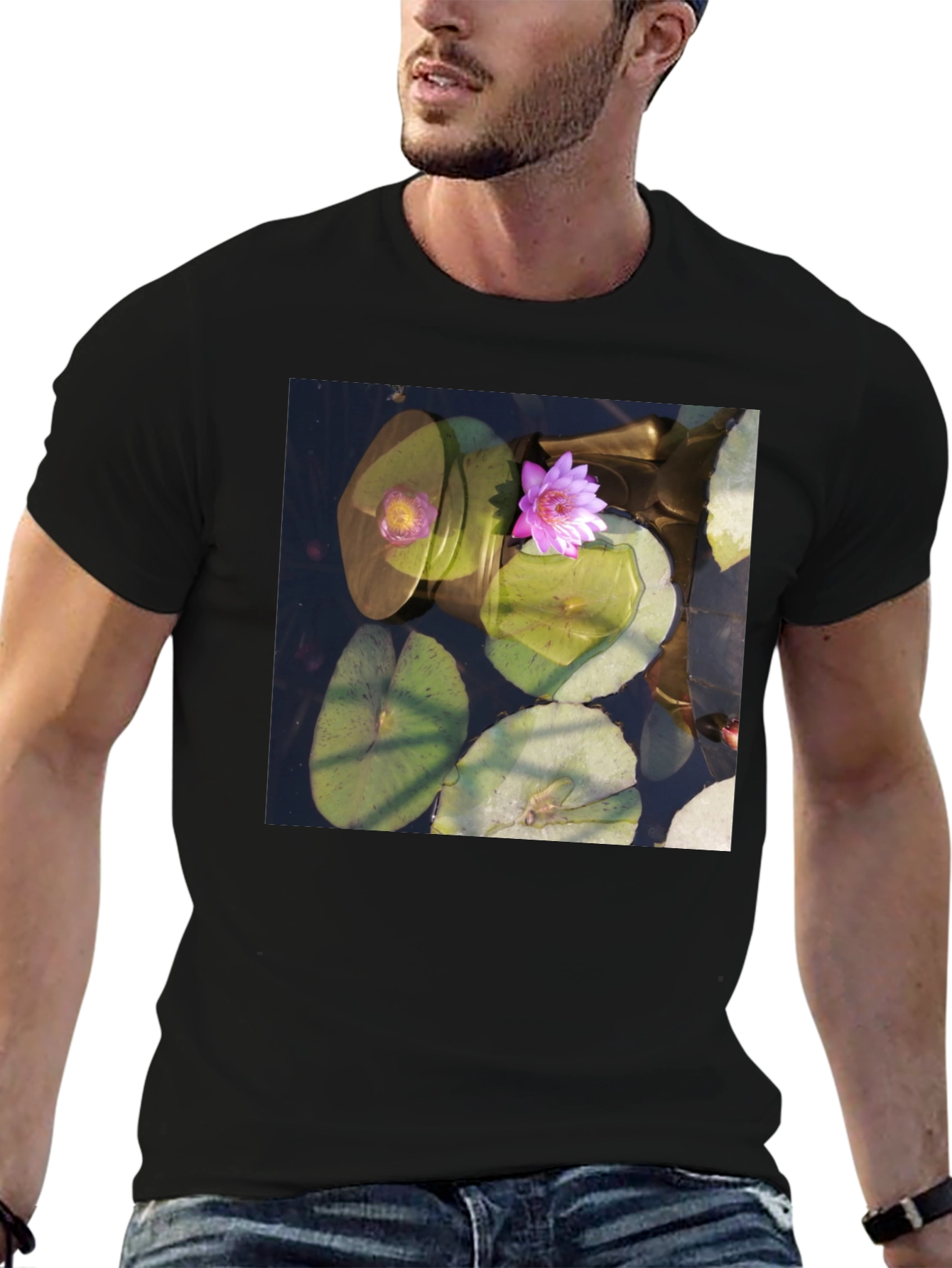 Black Lotus Pond Graphic Tee - Nature Inspired Design view 6