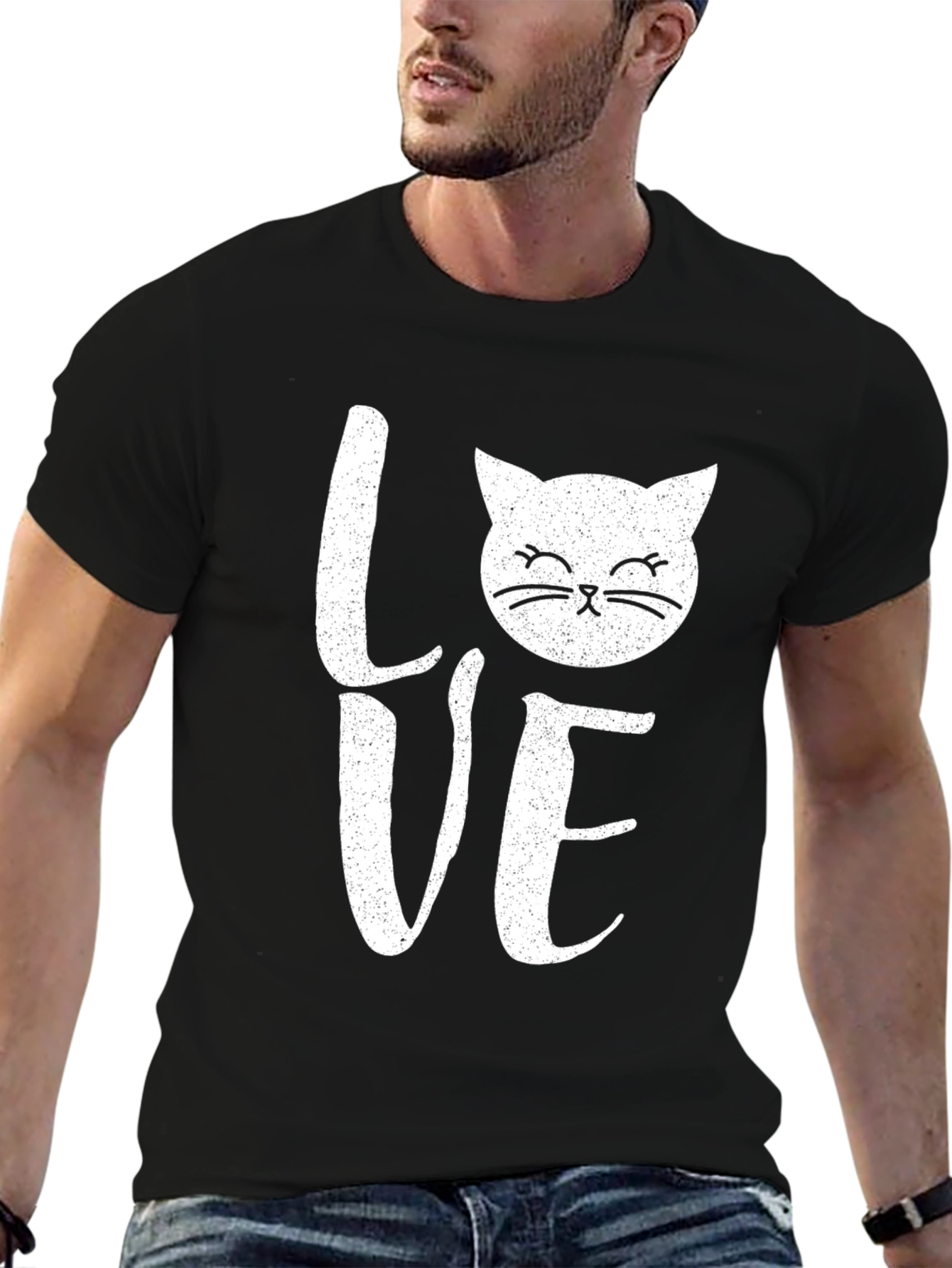 Black Love Cat Graphic Print Men's Black T-Shirt view 6