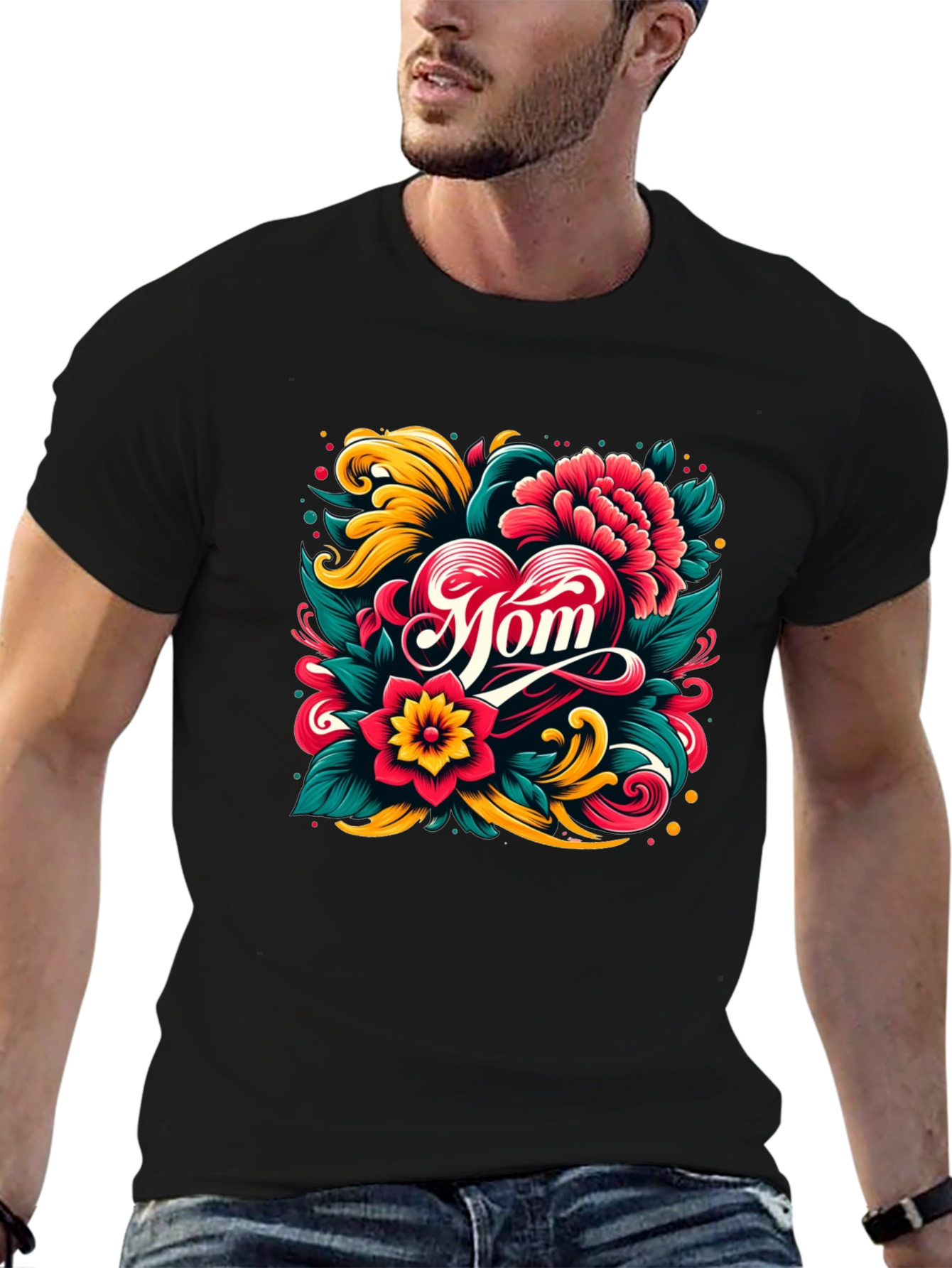 Black Mom Floral Heart Graphic Black T-Shirt view 6