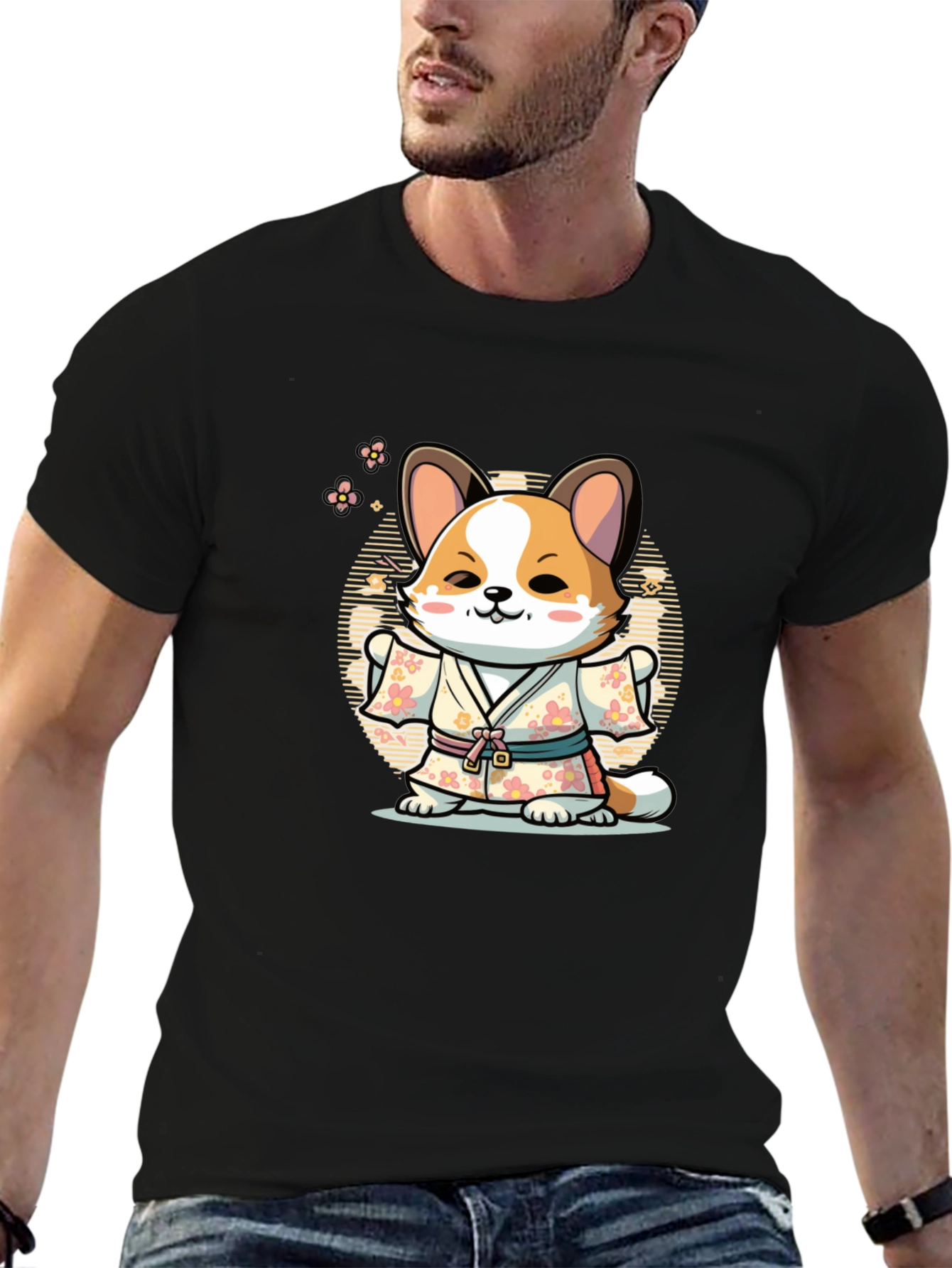 Black Cute Corgi in Kimono T-Shirt view 6