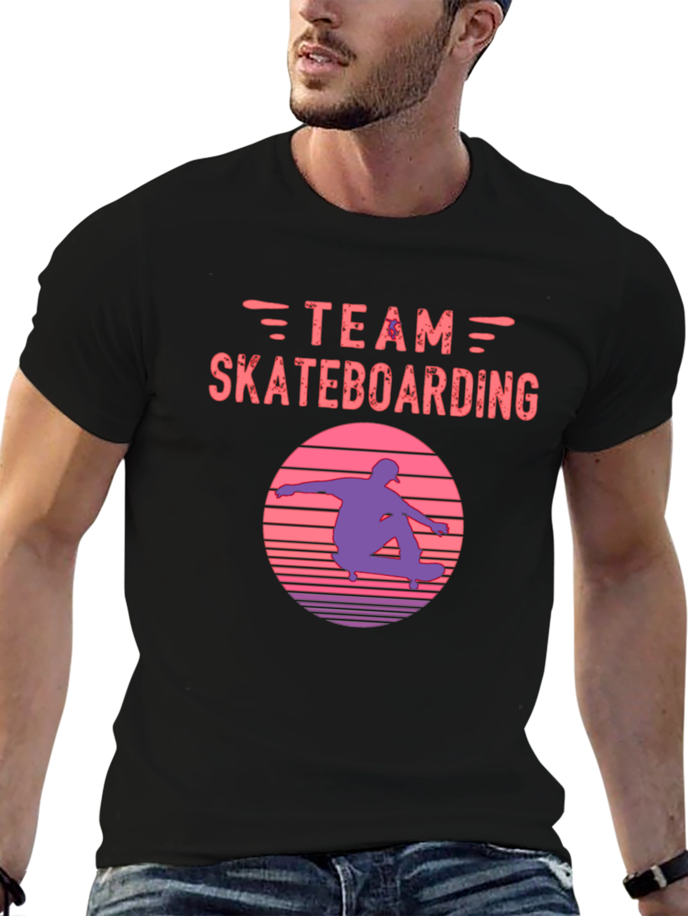 Black Team Skateboarding Graphic Tee - Retro Sunset Skater Shirt view 6