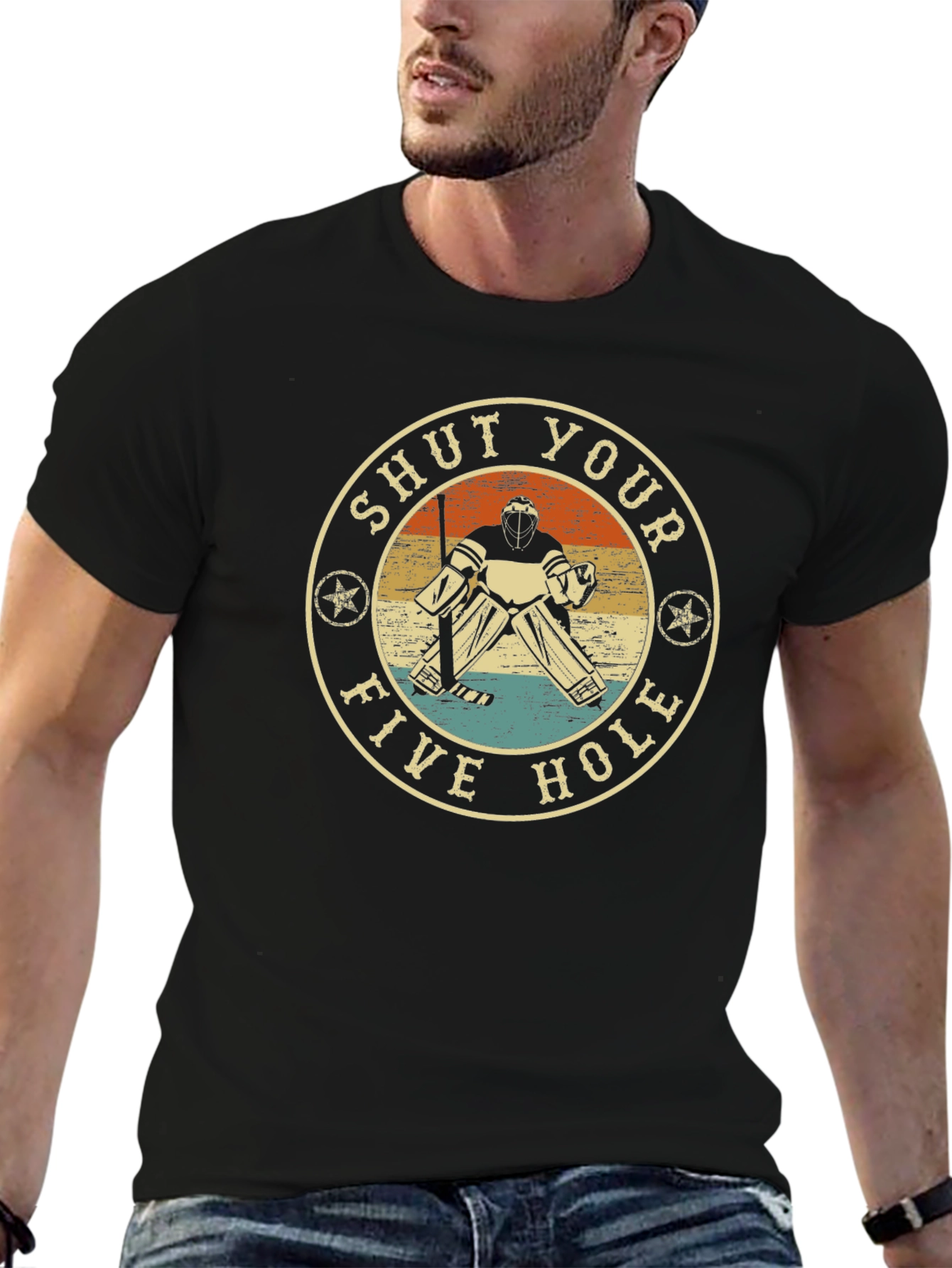 Black Shut Your Five Hole Hockey Goalie Graphic T-Shirt view 6