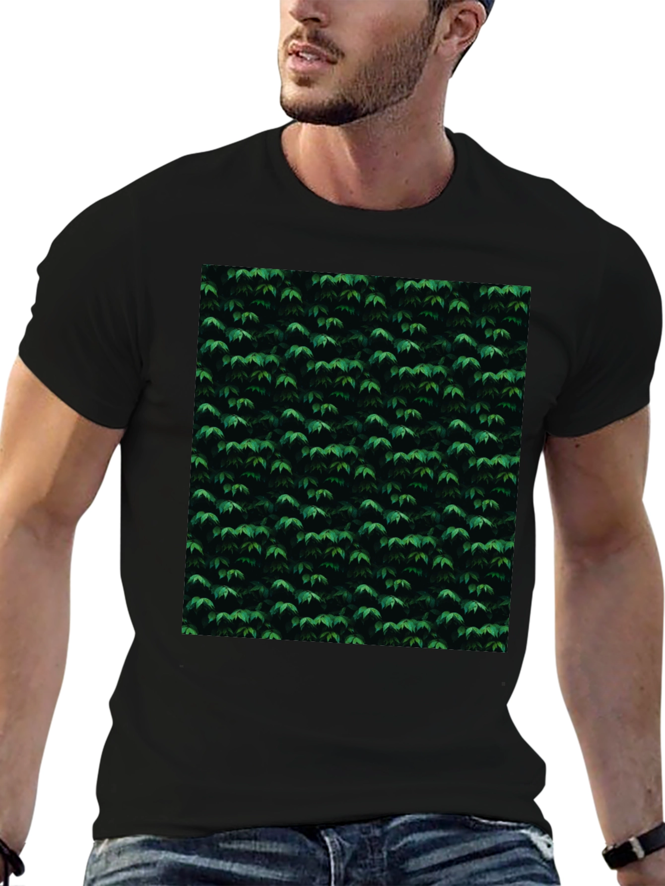 Black Stylish Black Tee with Green Leaf Pattern view 6