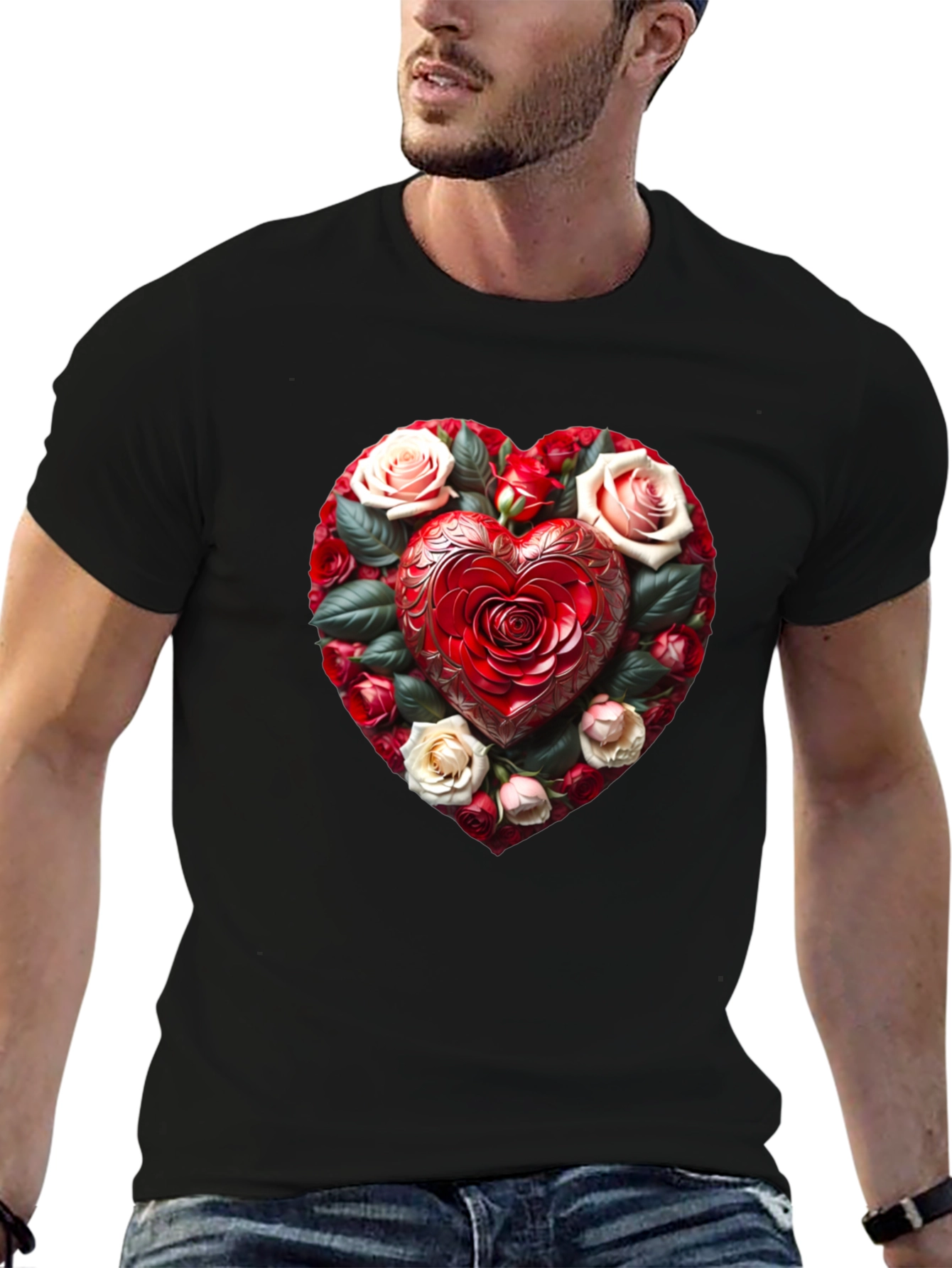 Black Romantic Rose Heart Graphic Black T-Shirt view 6
