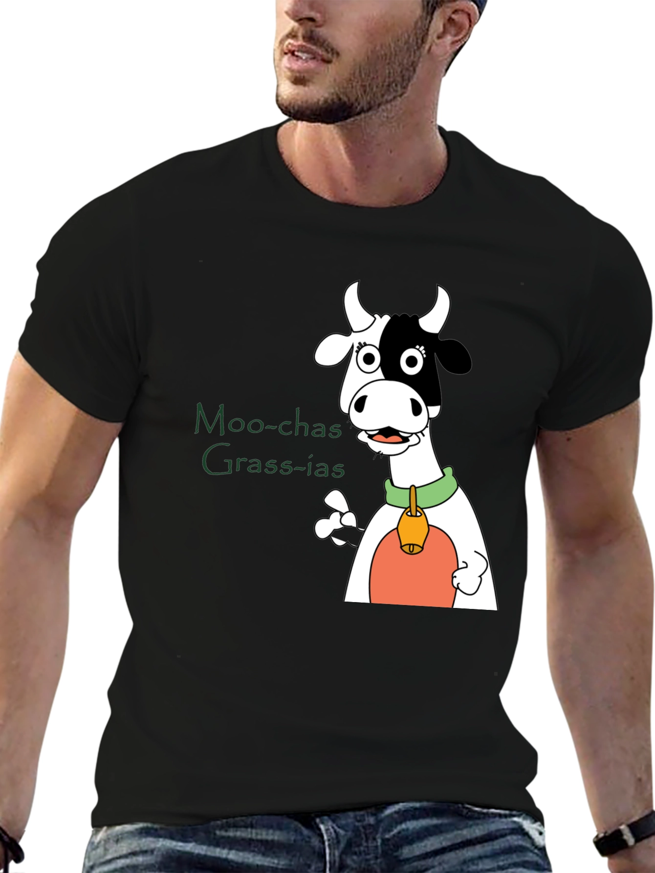 Black Moo-chas Grass-ias Cow Graphic Black T-Shirt view 6