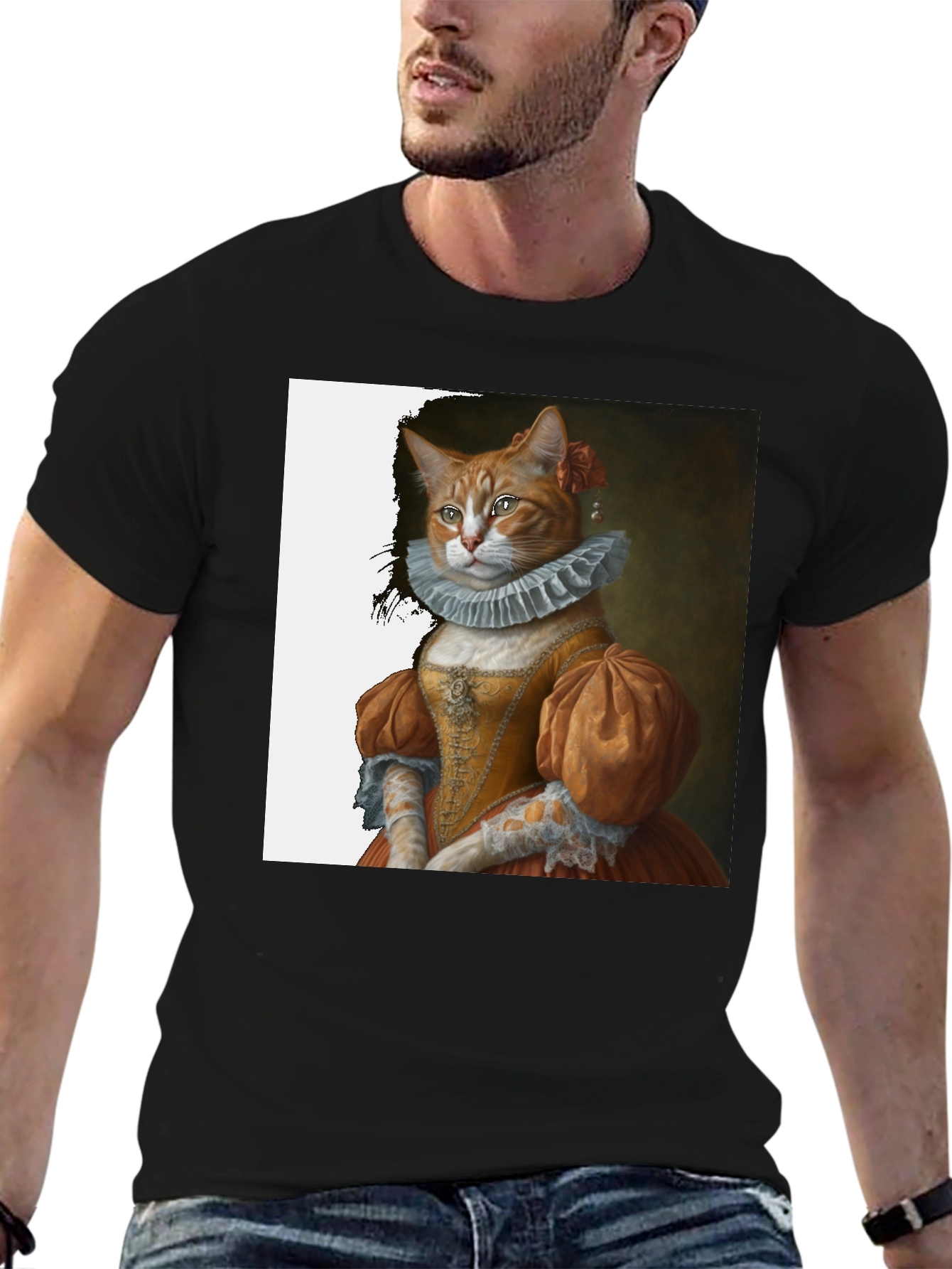 Black Renaissance Cat Portrait T-Shirt view 6