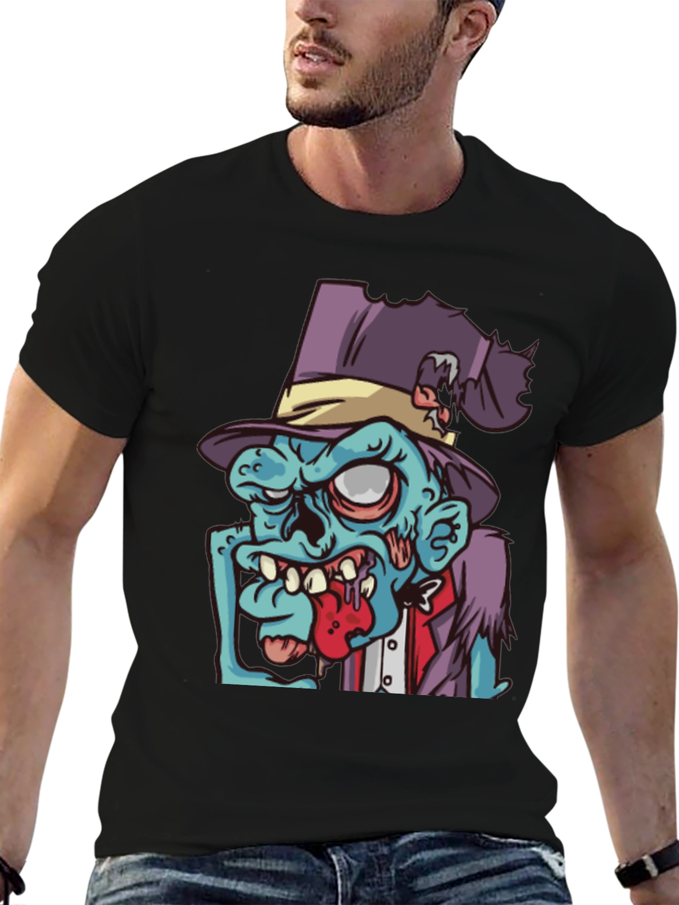 Black Zombie Cartoon Graphic T-Shirt - Black view 6