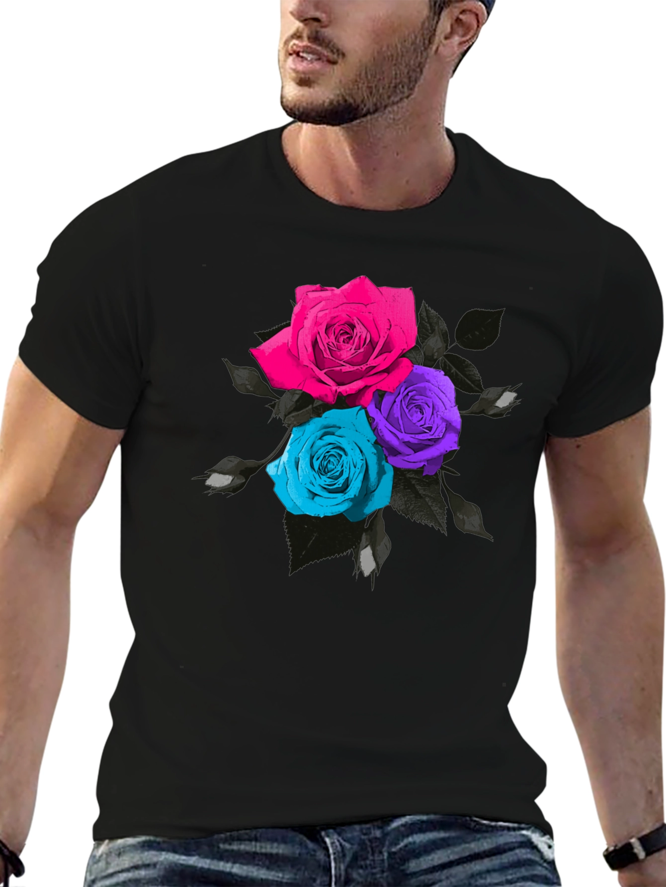 Black Floral Roses T-Shirt - Unique Colorful Design view 6