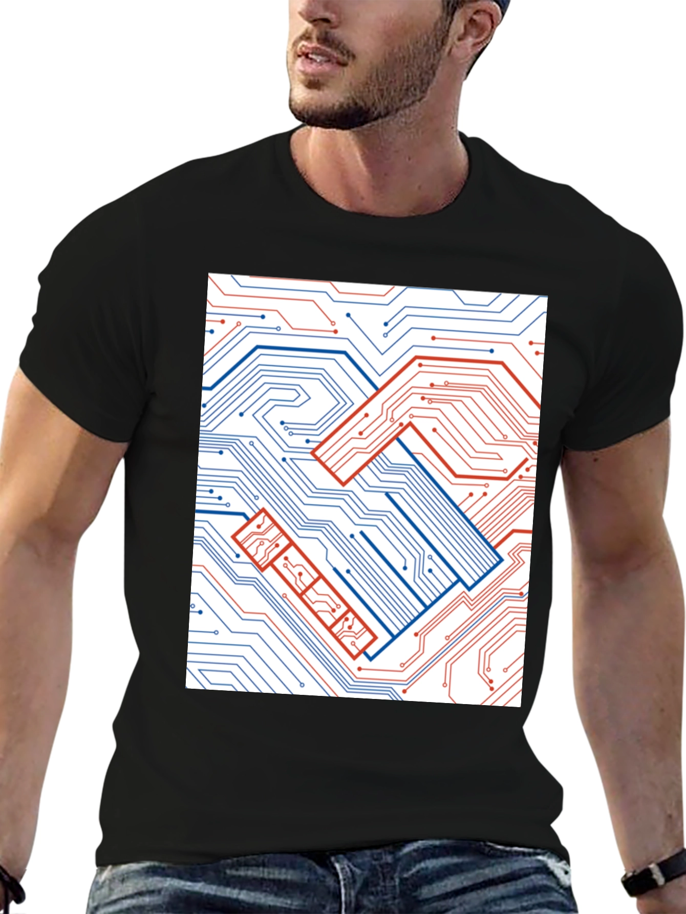 Black Tech Handshake Graphic T-Shirt - Modern Circuit Board Design view 6