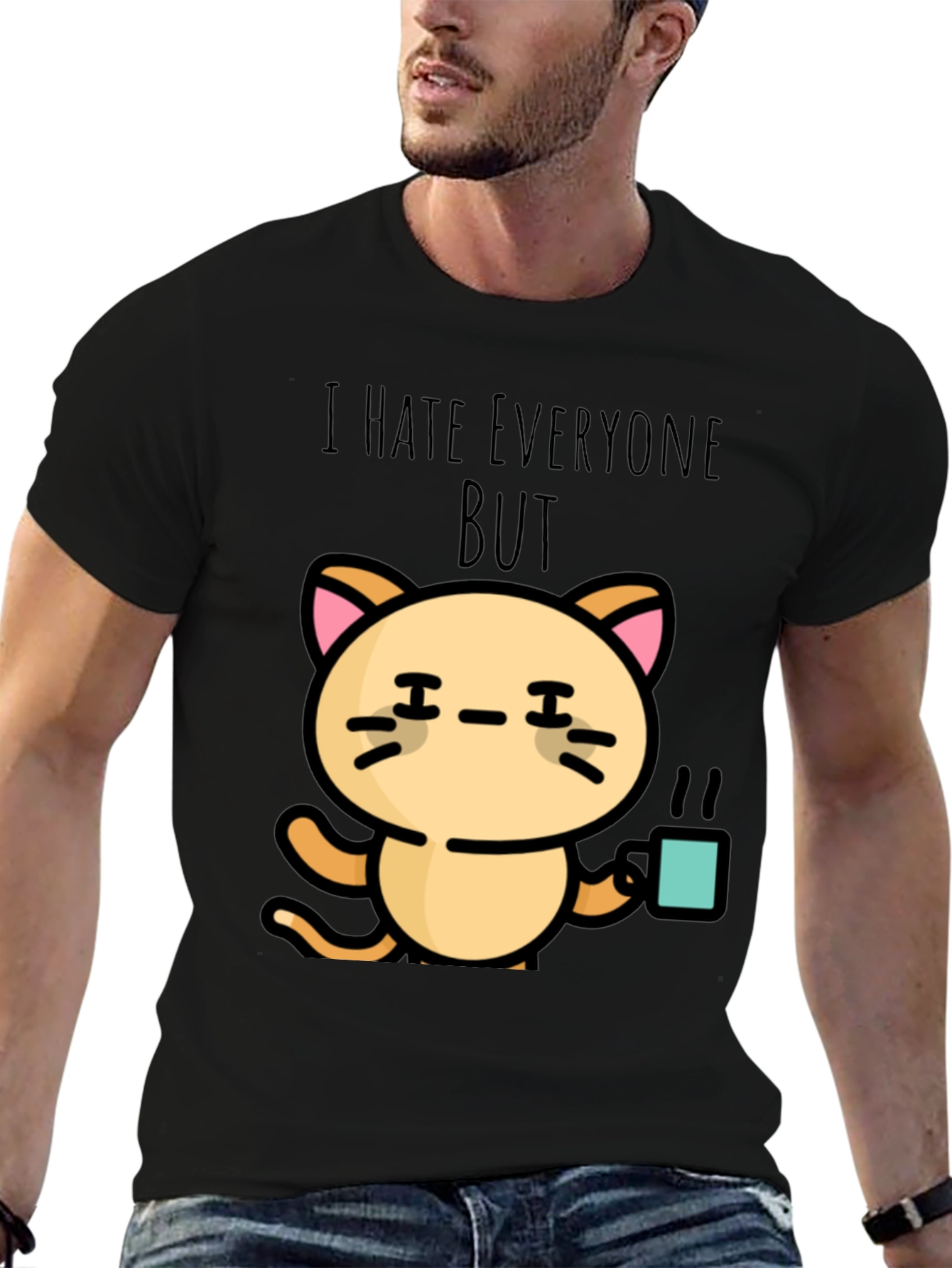 Black I Hate Everyone But Cat T-Shirt view 6