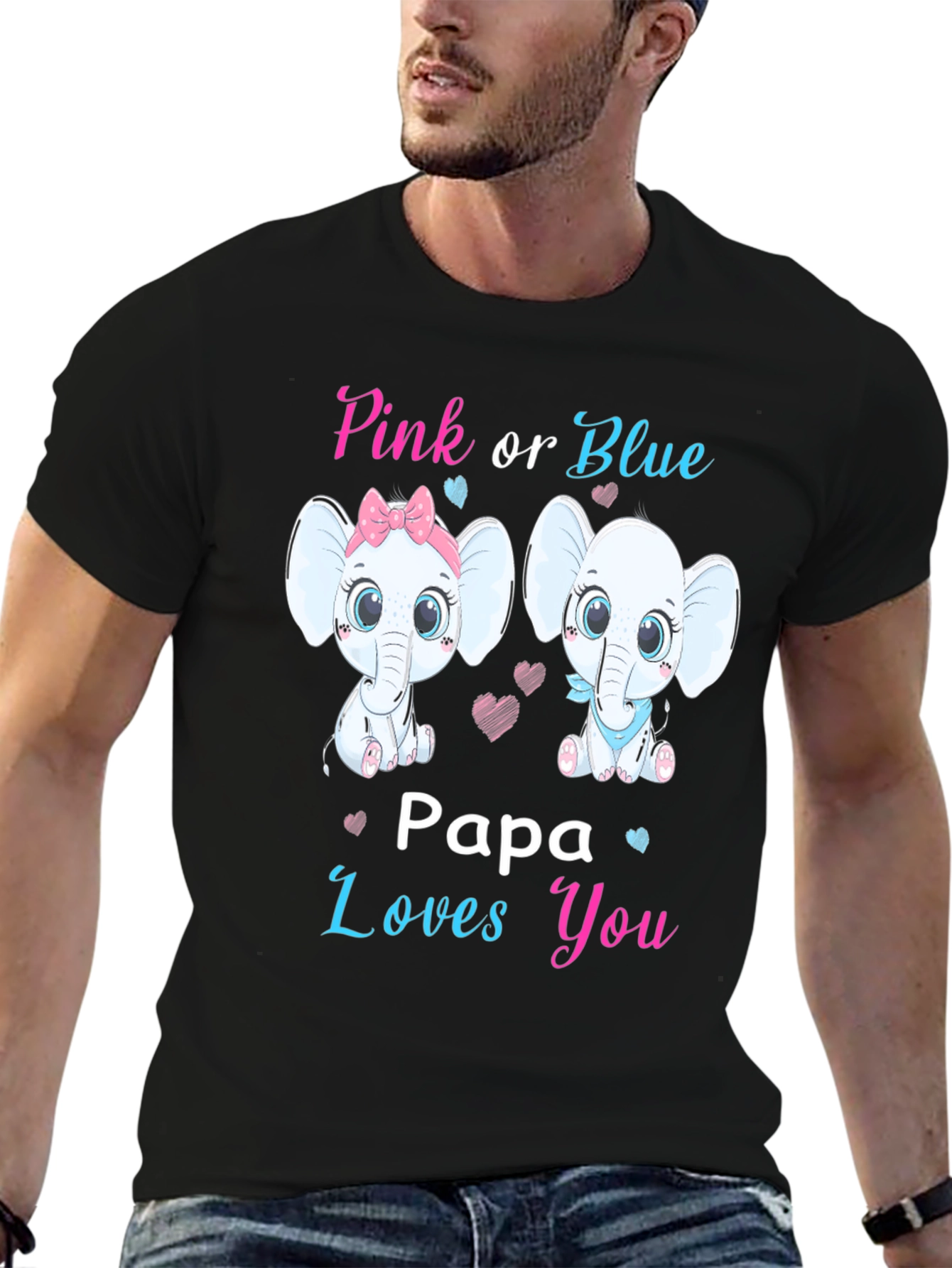 Black Pink or Blue Papa Loves You Baby Shower Gender Reveal T-Shirt view 6