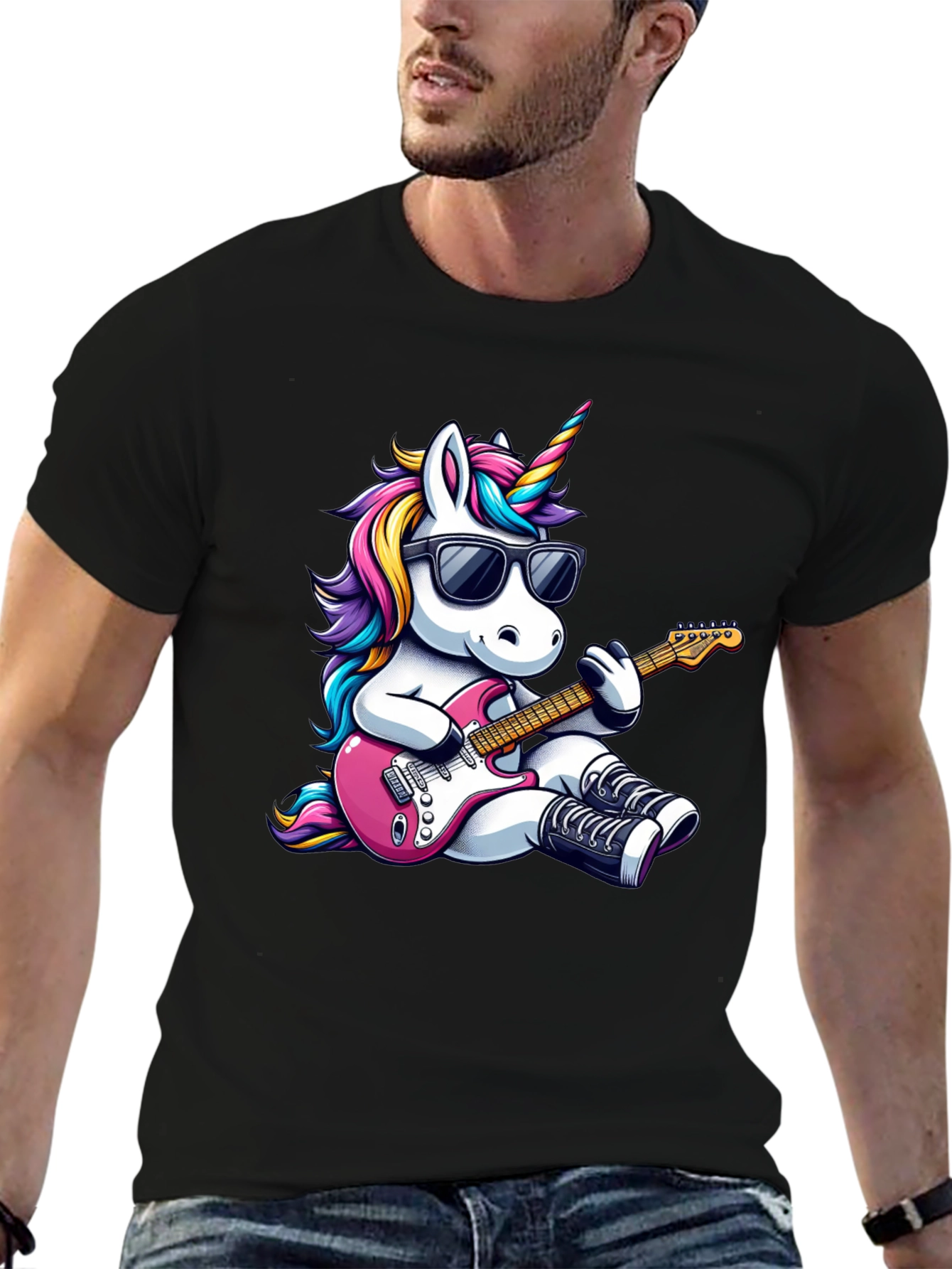 Black Unicorn Guitarist Black T-Shirt view 6