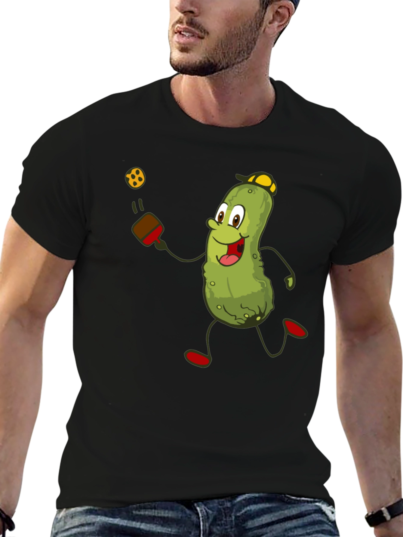 Black Pickleball Pickle T-Shirt - Funny Cartoon Player Tee view 6