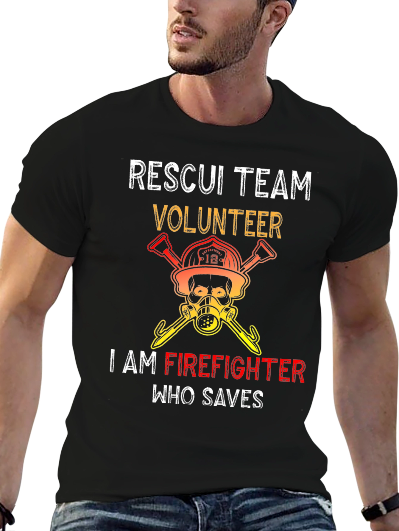 Black Rescue Team Volunteer Firefighter Graphic Tee view 6