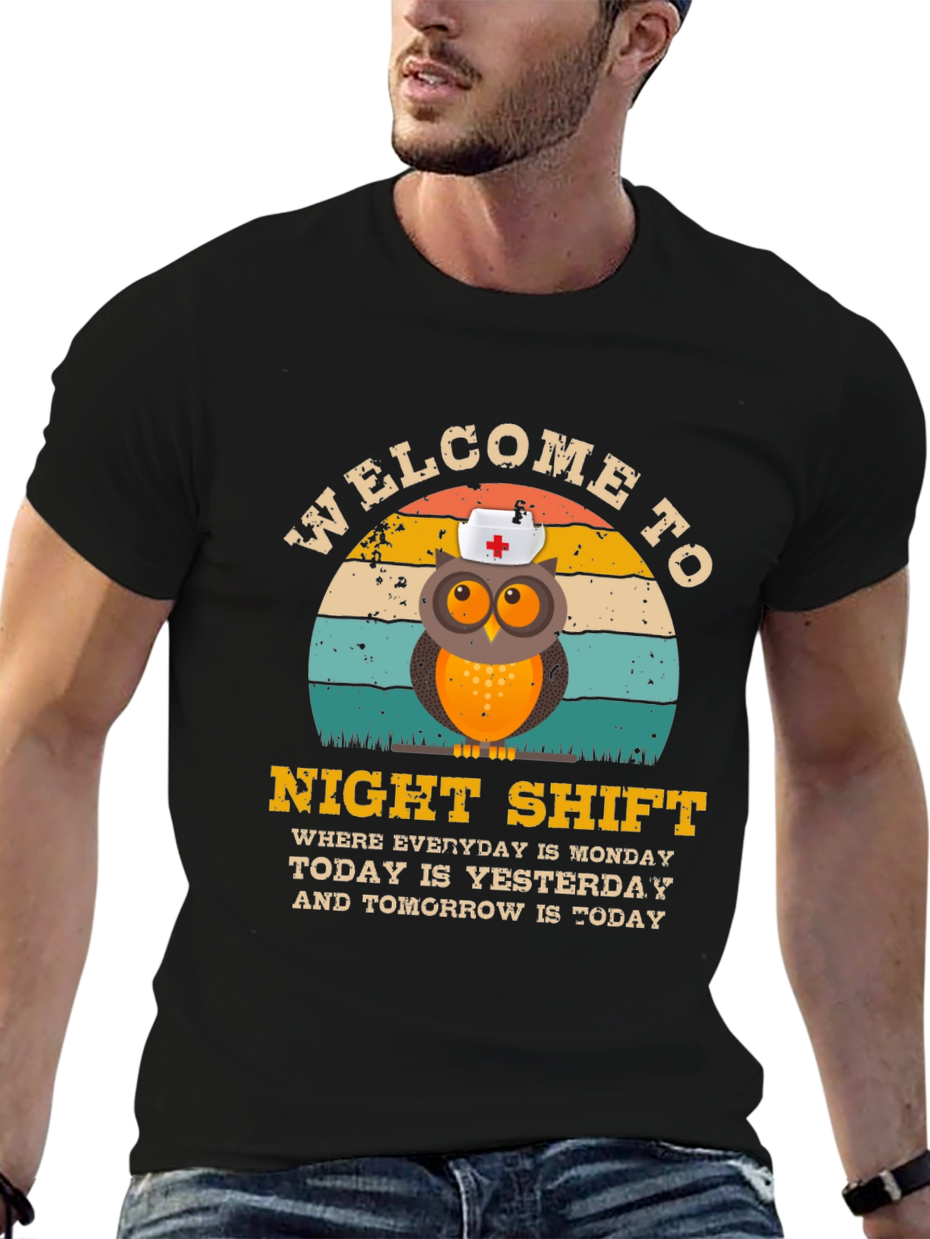 Black Night Shift Nurse Owl T-Shirt view 6