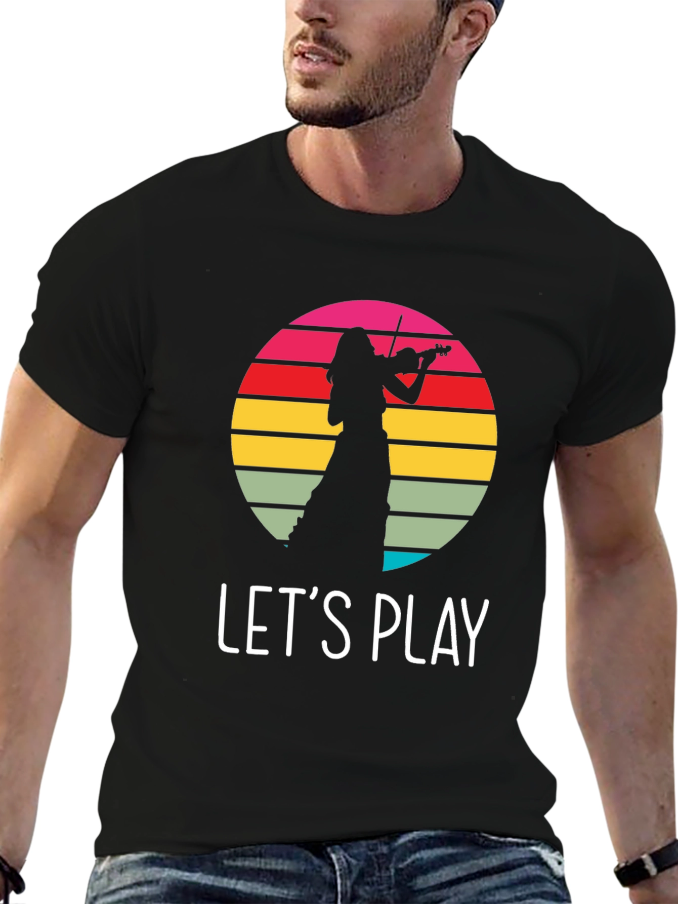 Black Violin Player Retro Sunset Black T-Shirt view 6