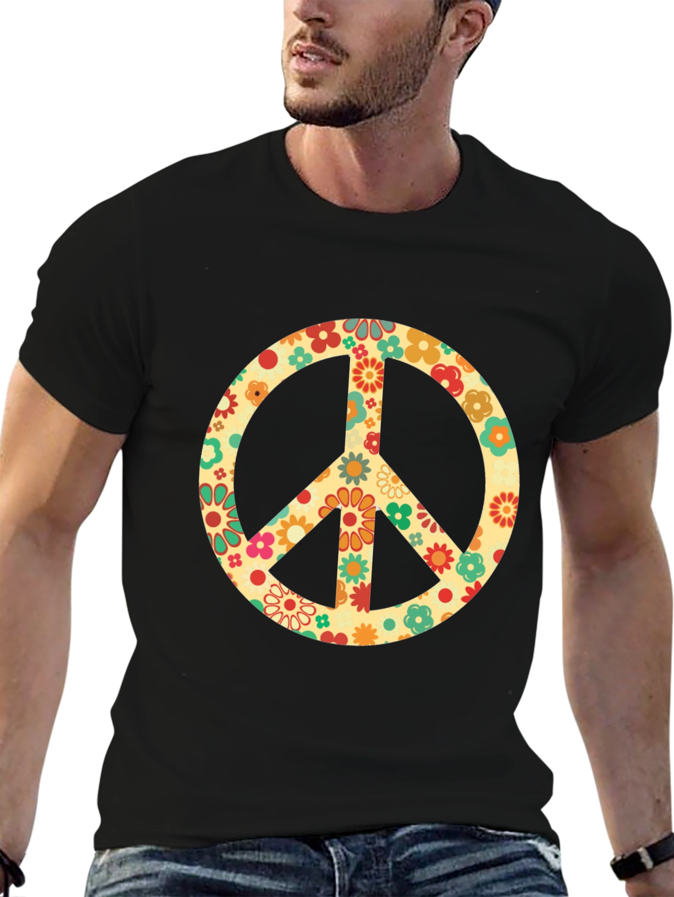 Black Retro Floral Peace Sign Graphic T-Shirt view 6