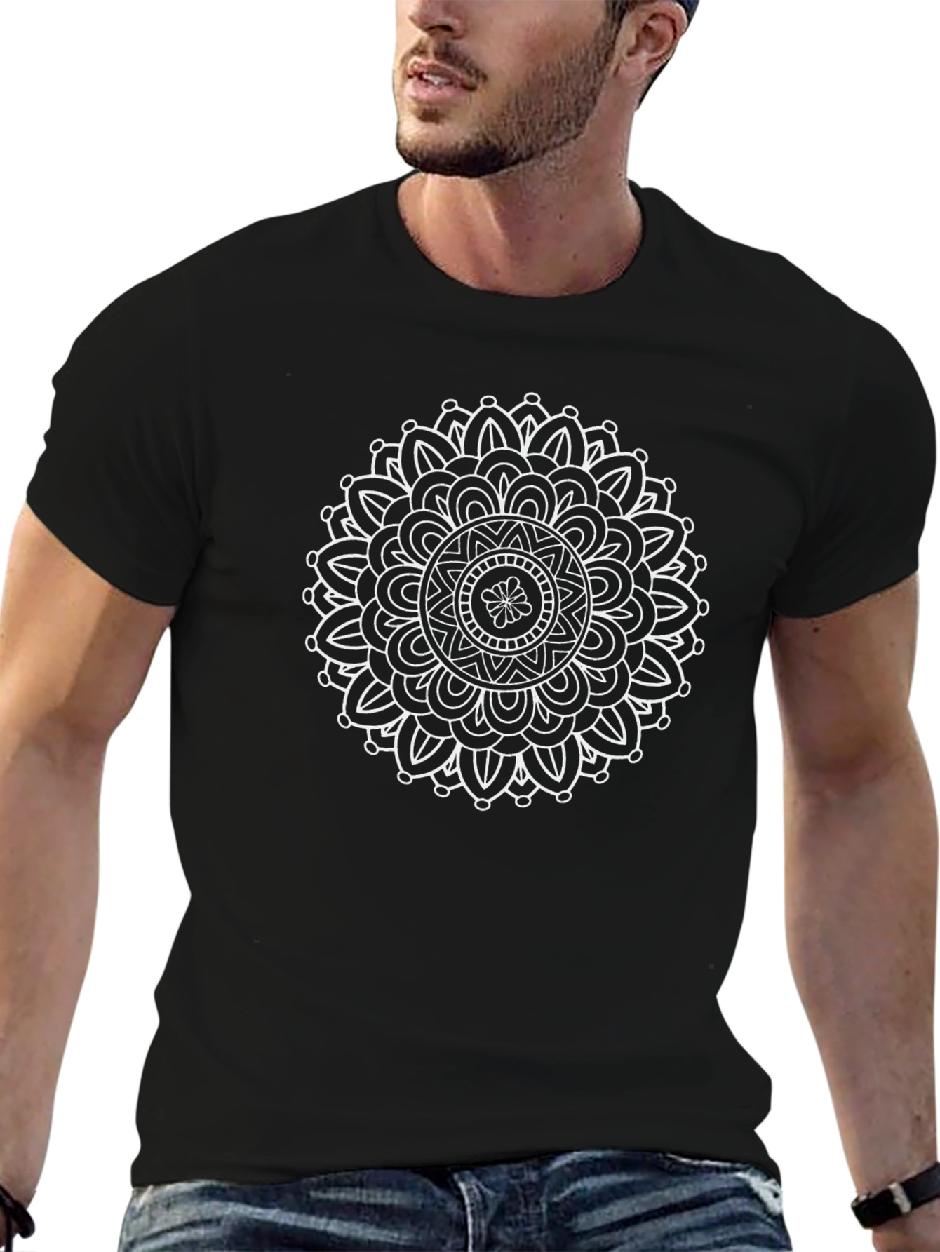 Black Mandala Print Men's Black T-Shirt view 6