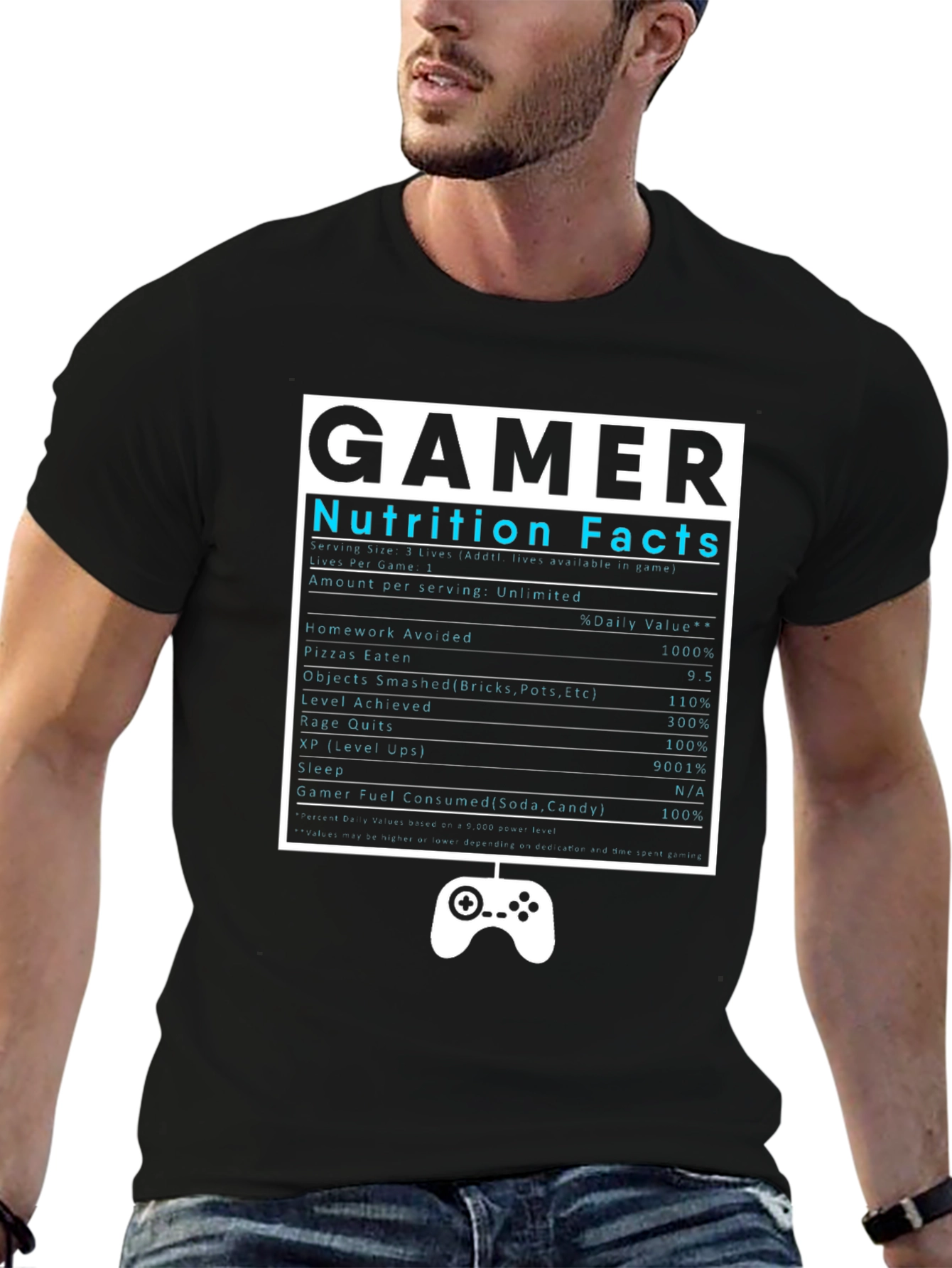Black Gamer Nutrition Facts Black T-Shirt view 6