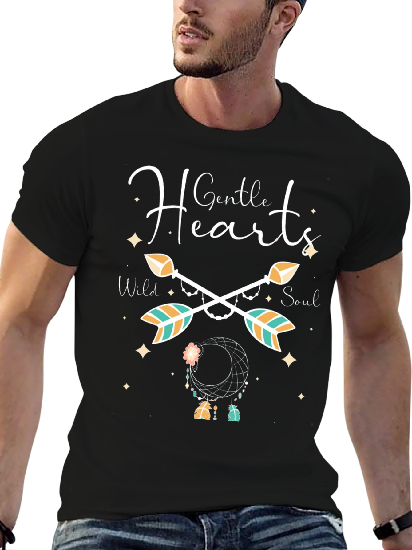 Black Gentle Hearts Arrow Dreamcatcher Black T-Shirt view 6