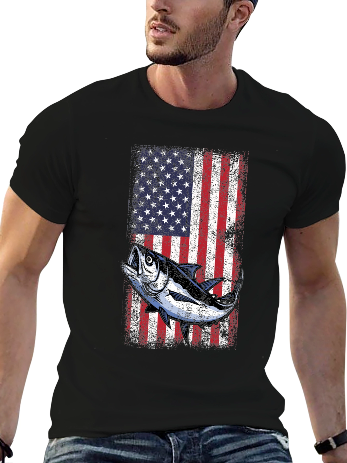 Black American Flag Tuna Fishing T-Shirt view 6