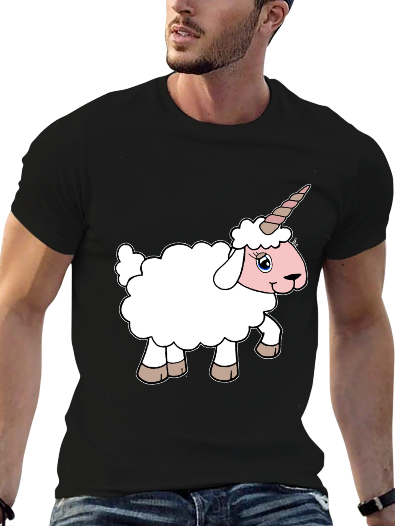 Black Unicorn Sheep Graphic Tee - Black Cotton T-Shirt view 6