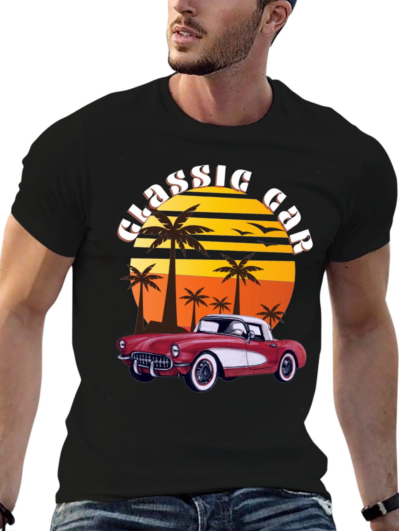 Black Classic Car T-Shirt - Retro Sunset Design view 6