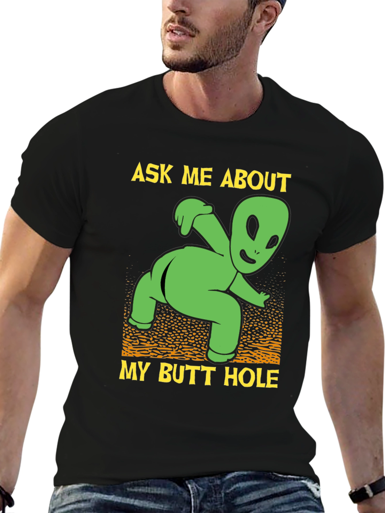 Black Ask Me About My Butt Hole Alien Graphic T-Shirt view 6