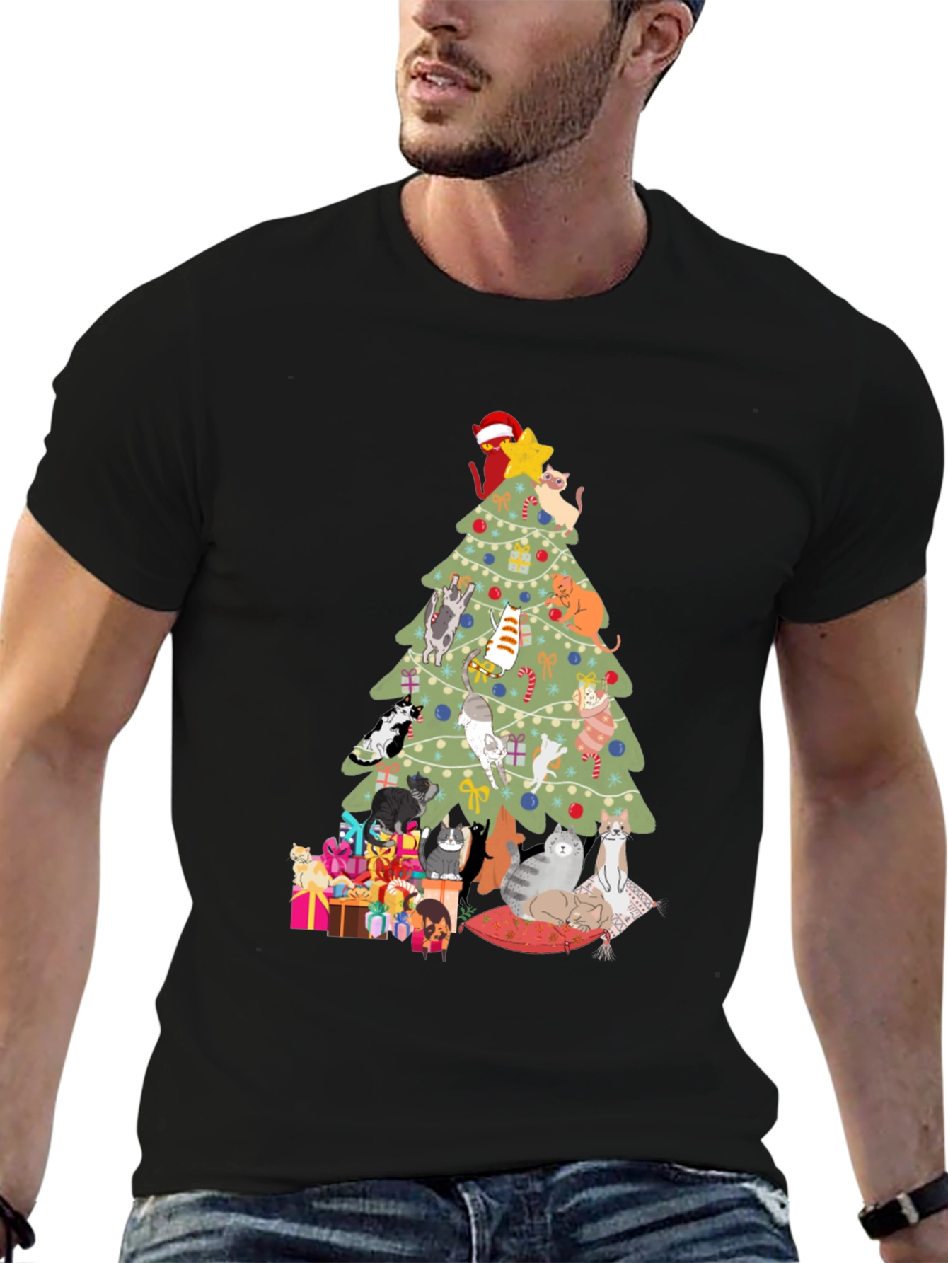 Black Cat Christmas Tree T-Shirt Holiday Tee view 6