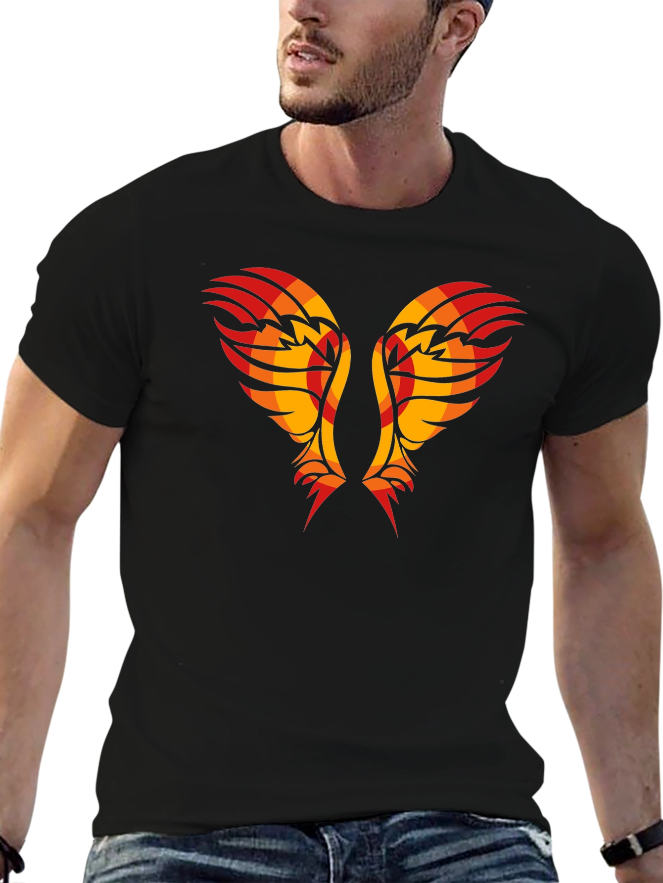 Black Tribal Wings Graphic Tee - Black Cotton Shirt view 6