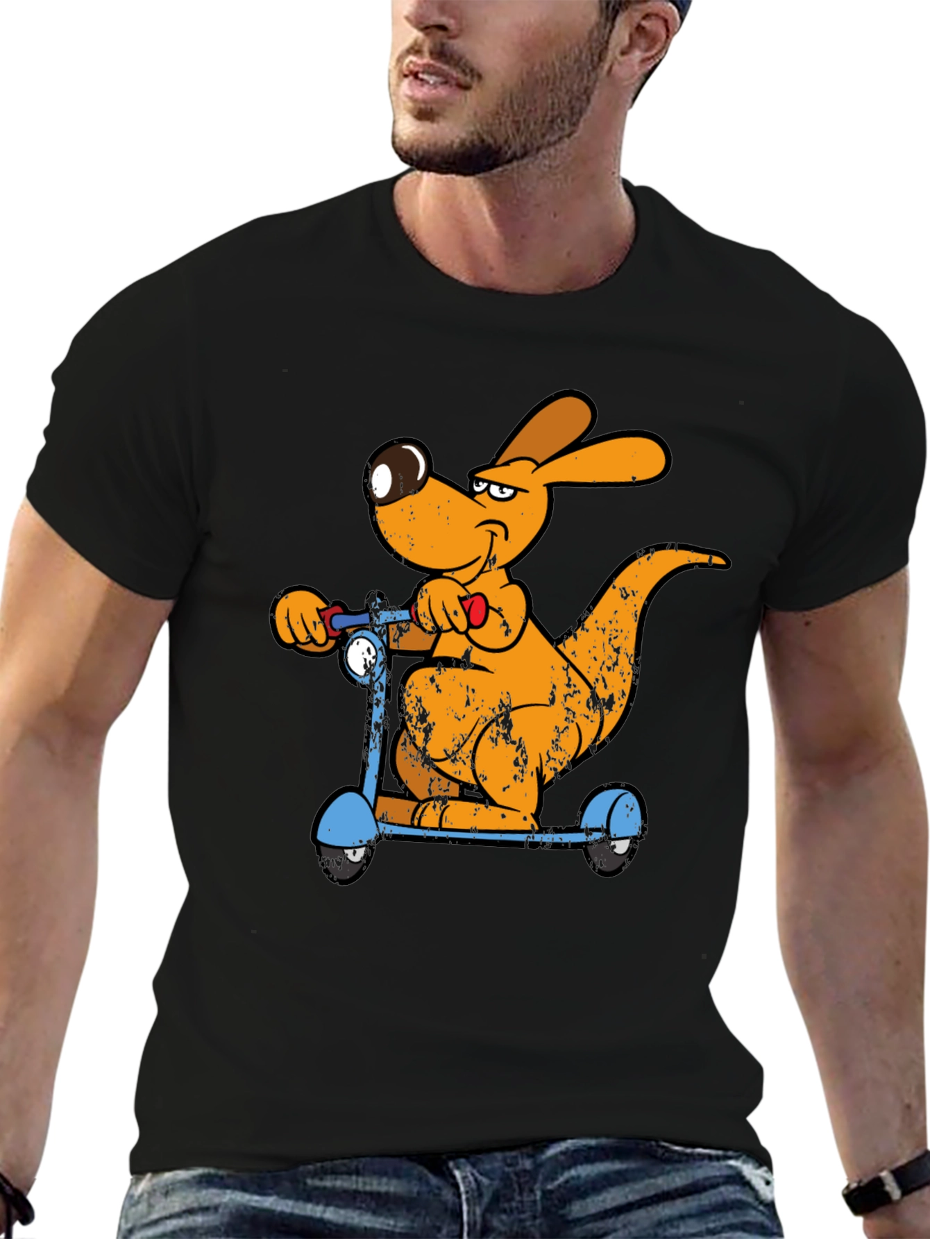 Black Cartoon Kangaroo Scooter Graphic Tee - Cool Black T-Shirt view 6