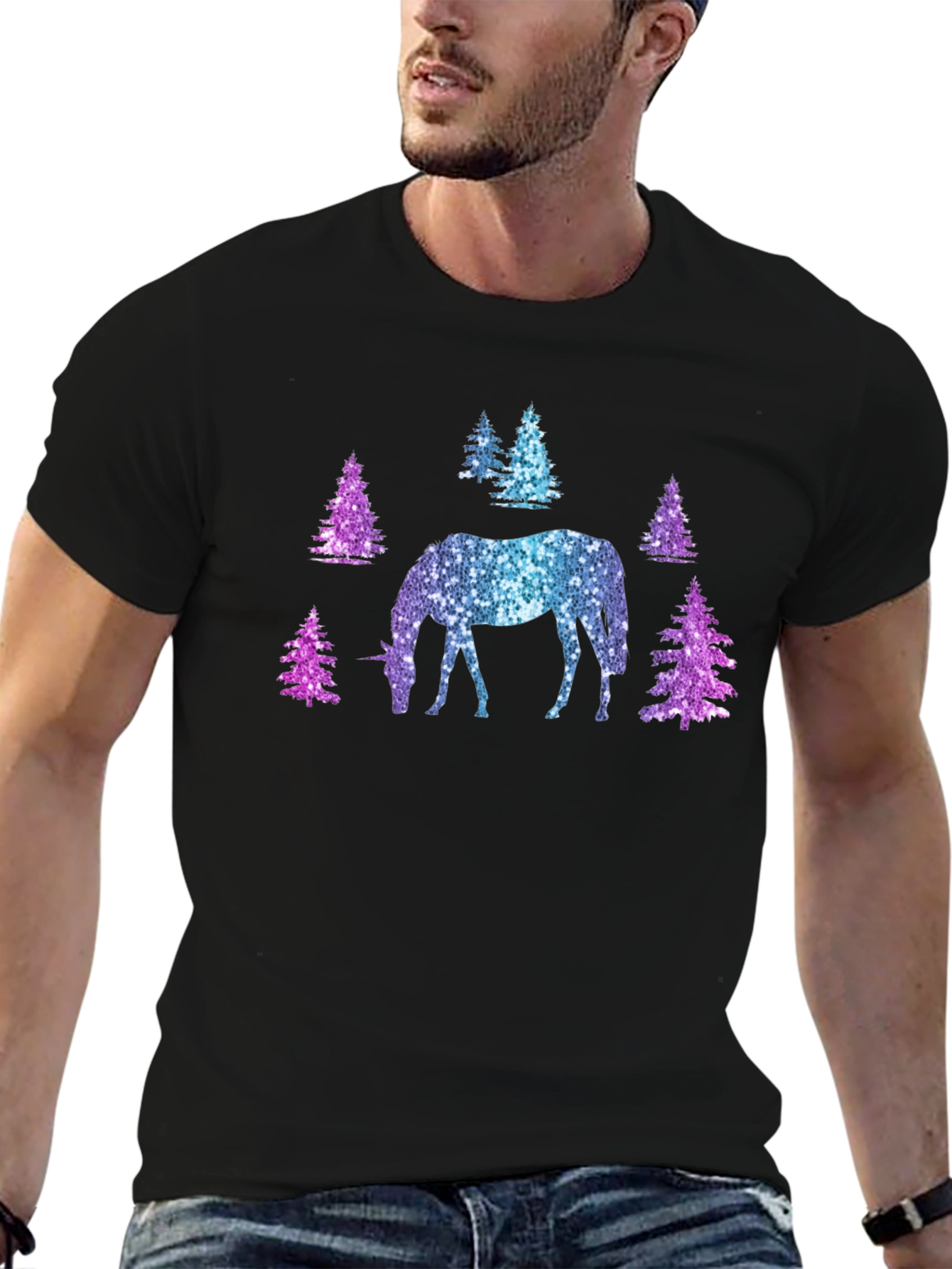 Black Unicorn Forest Glitter T-Shirt - Magical Sparkle Tee view 6