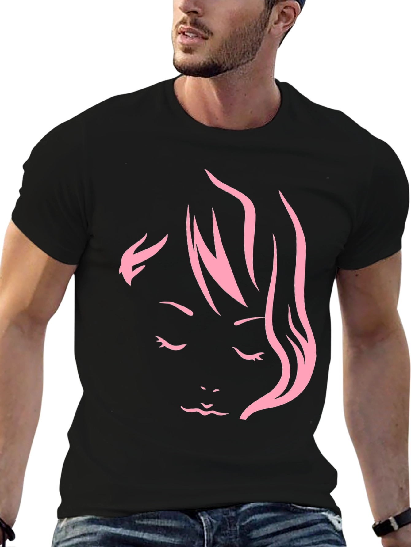 Black Minimalist Pink Woman Face Graphic Tee view 6