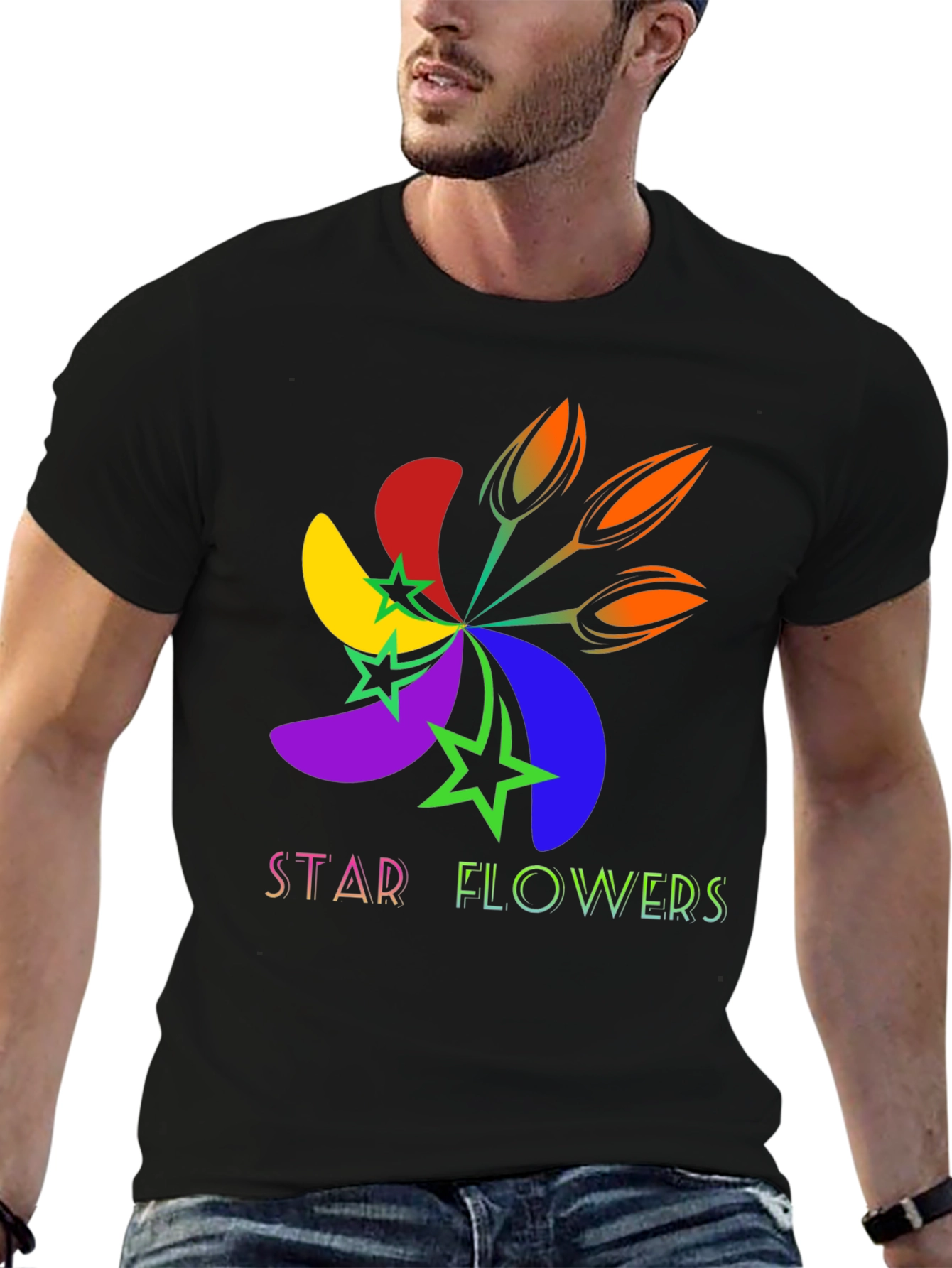 Black Star Flowers Graphic Tee - Bold & Bright Design view 6