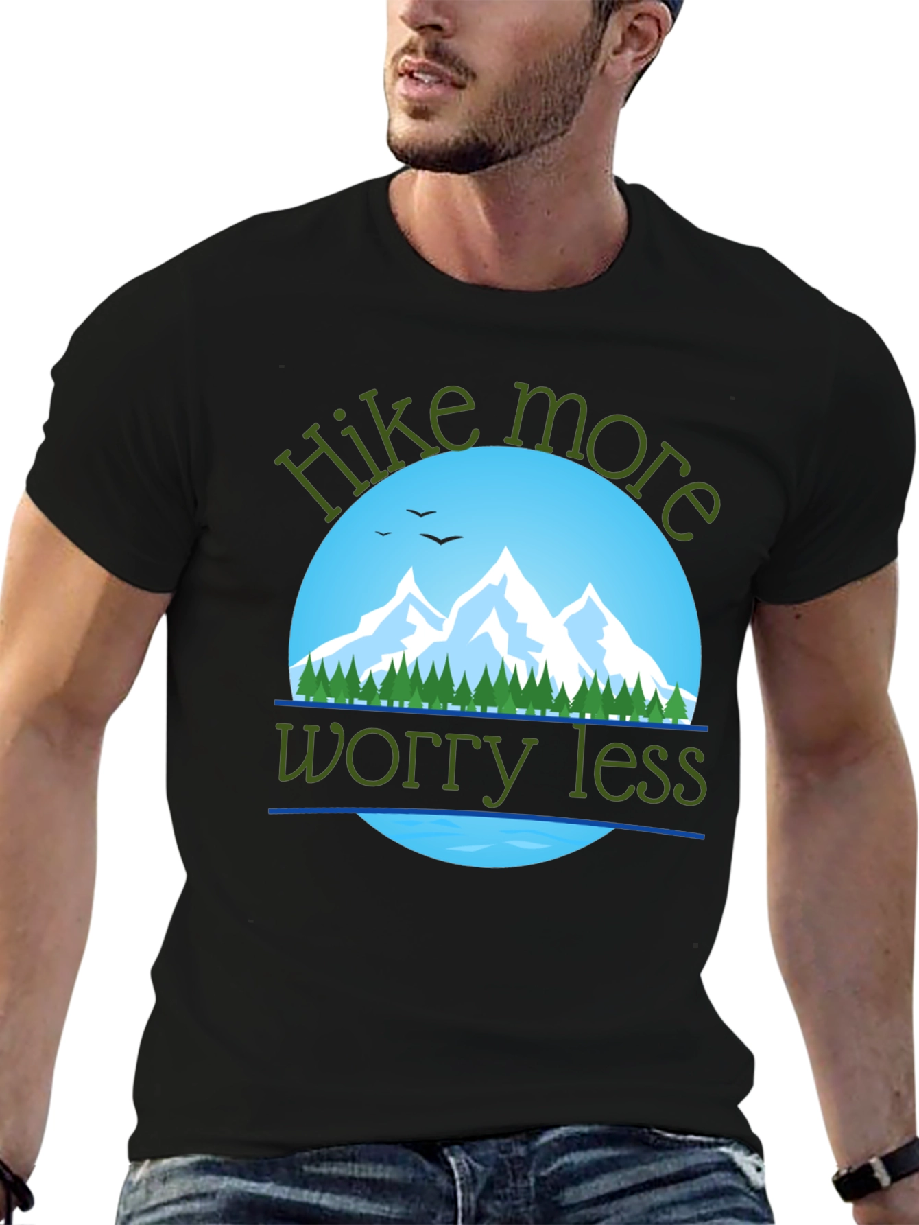 Black Hike More Worry Less T-Shirt: Mountain Adventure Apparel view 6