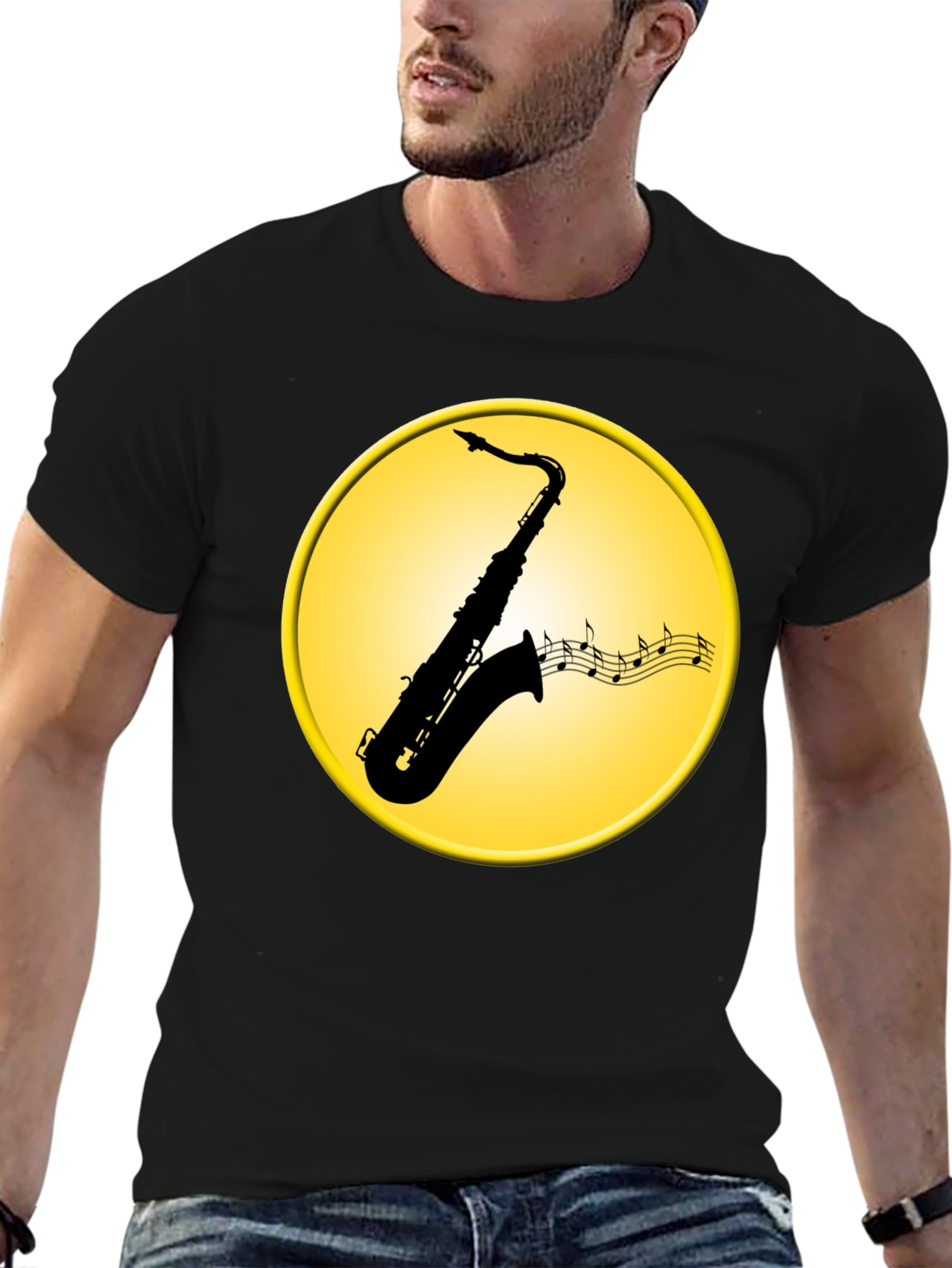 Black Saxophone Music Notes Graphic Tee view 6