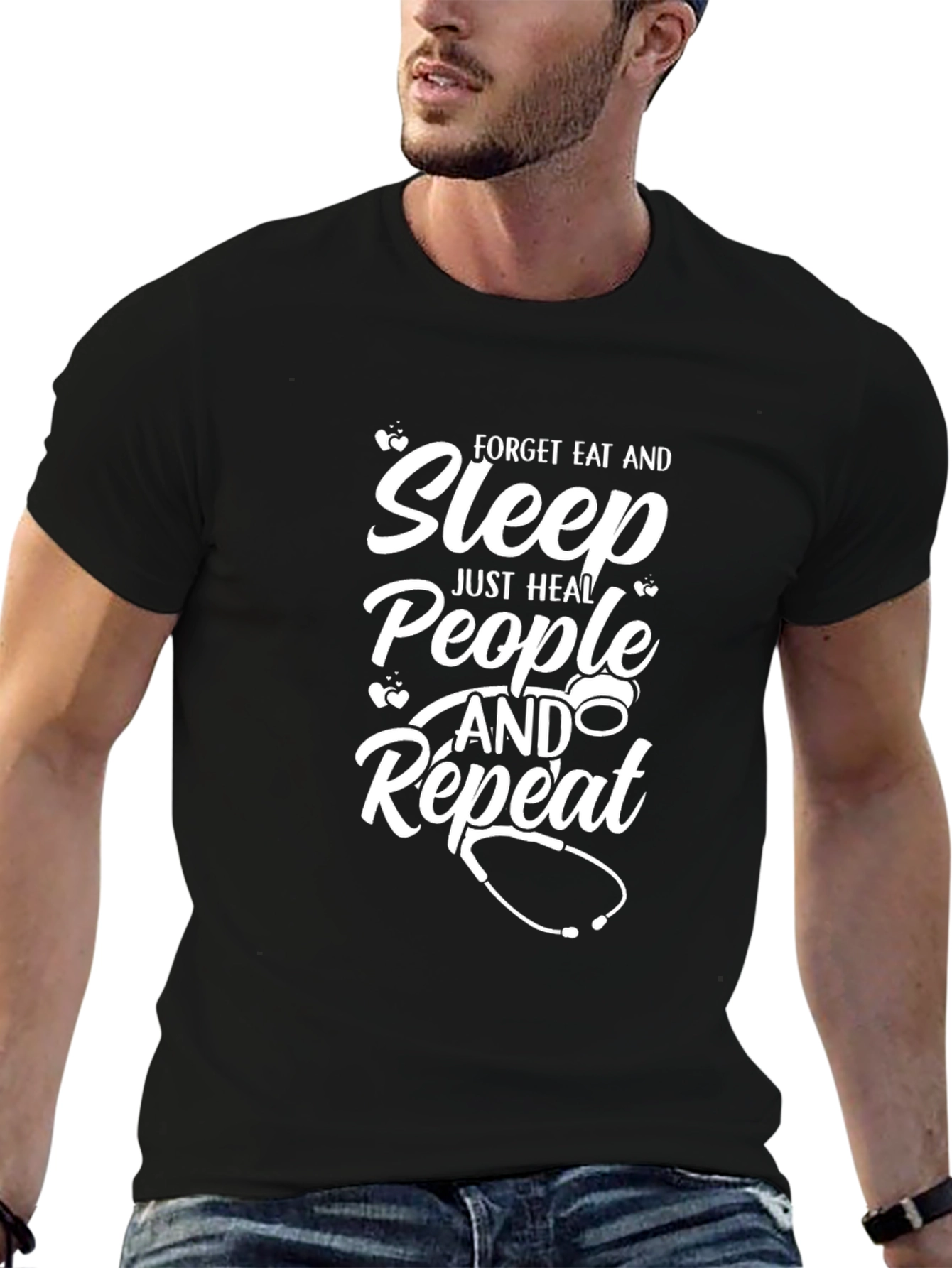 Black Forget Eat & Sleep, Heal People Repeat Tee view 6