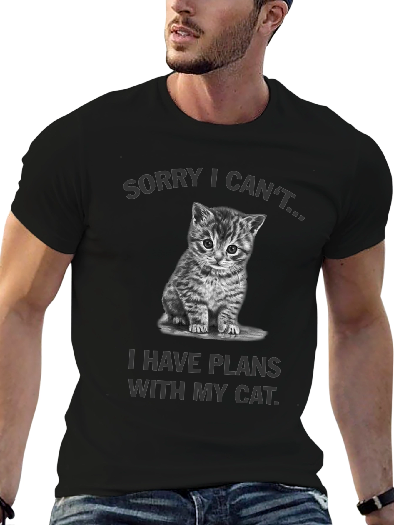 Black Sorry I Can't, Cat Plans Graphic Tee view 6