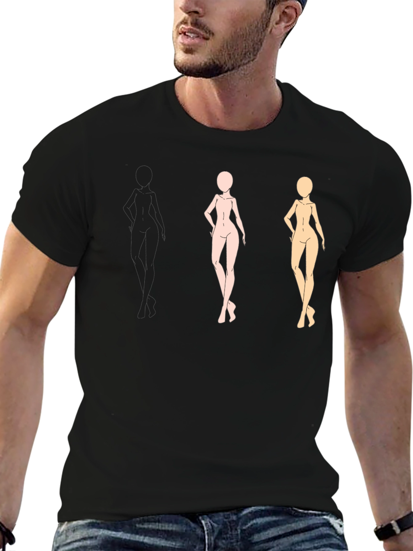 Black Trendy Black Tee with Figure Sketches view 6