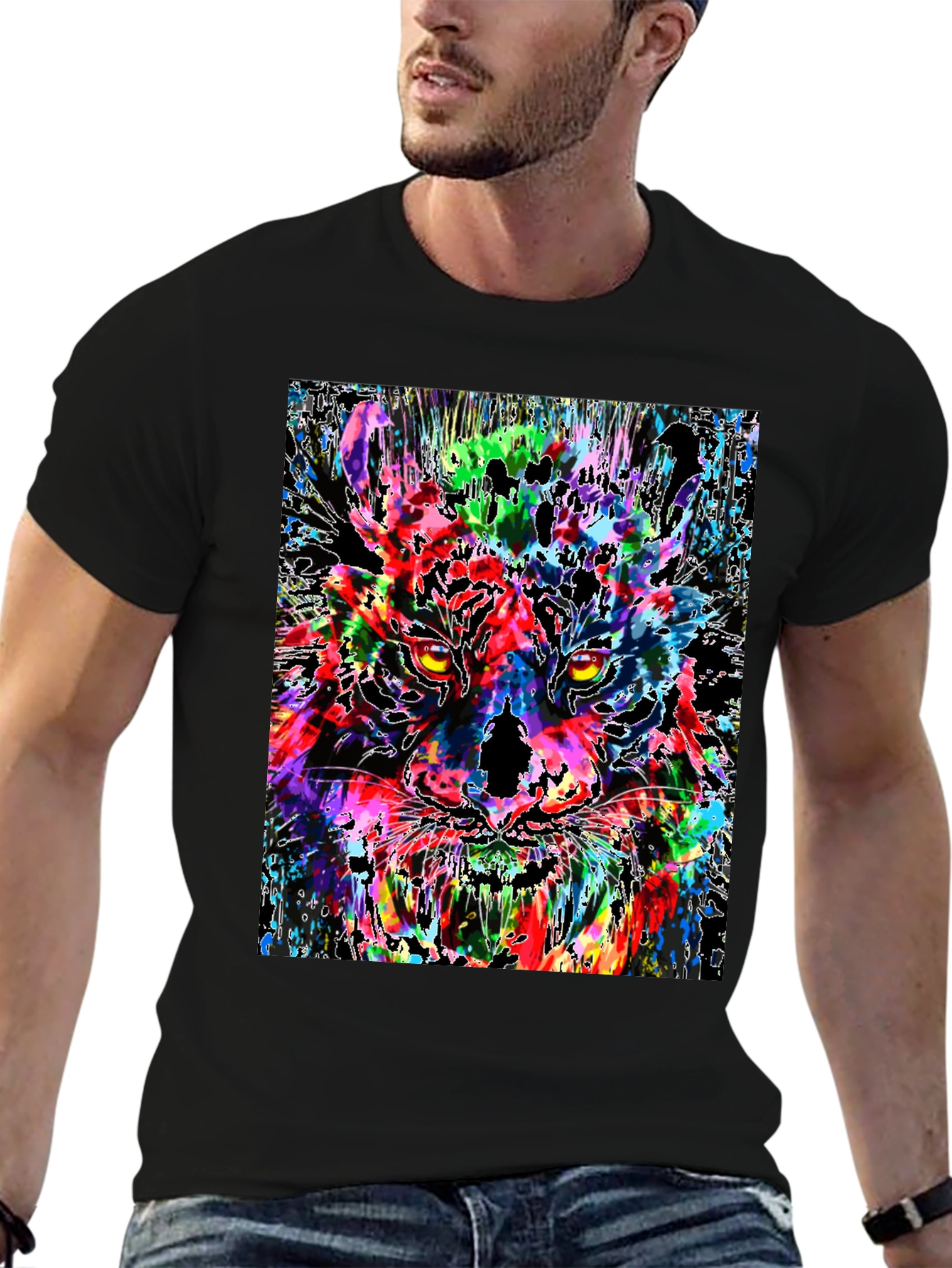 Black Colorful Tiger Graphic Print Men's Black T-Shirt view 6