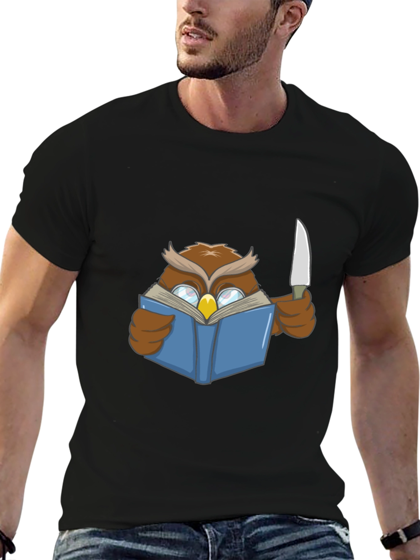 Black Owl Reading Book With Knife T-Shirt view 6