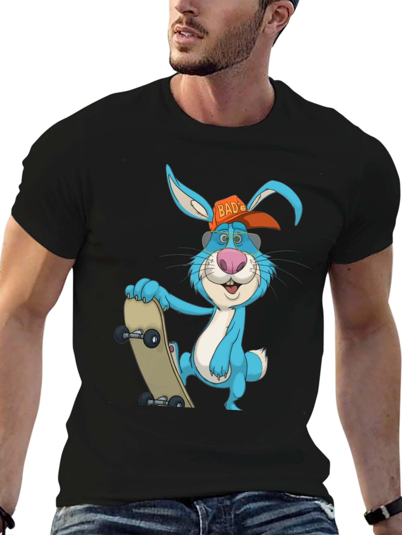 Black Cool Rabbit Skateboarder Graphic T-Shirt view 6