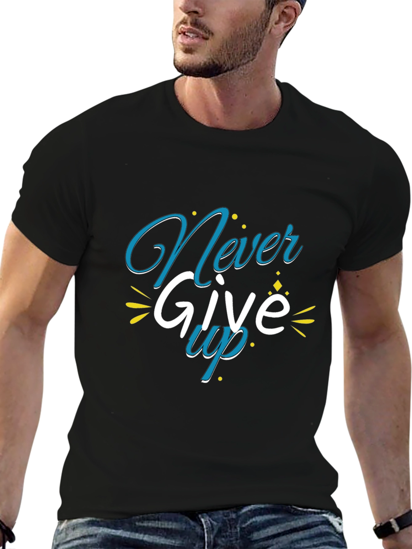 Black Never Give Up Graphic Print Black T-Shirt view 6