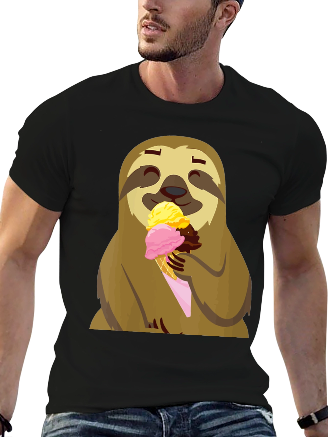 Black Sloth Eating Ice Cream Graphic Tee - Black view 6