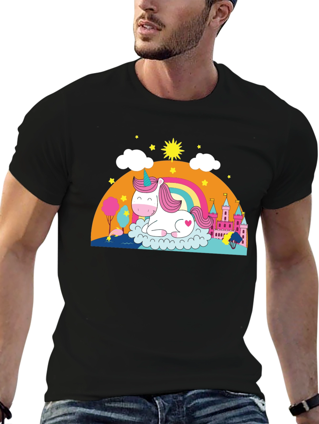Black Unicorn Rainbow Castle Graphic Tee - Black Cotton Blend view 6