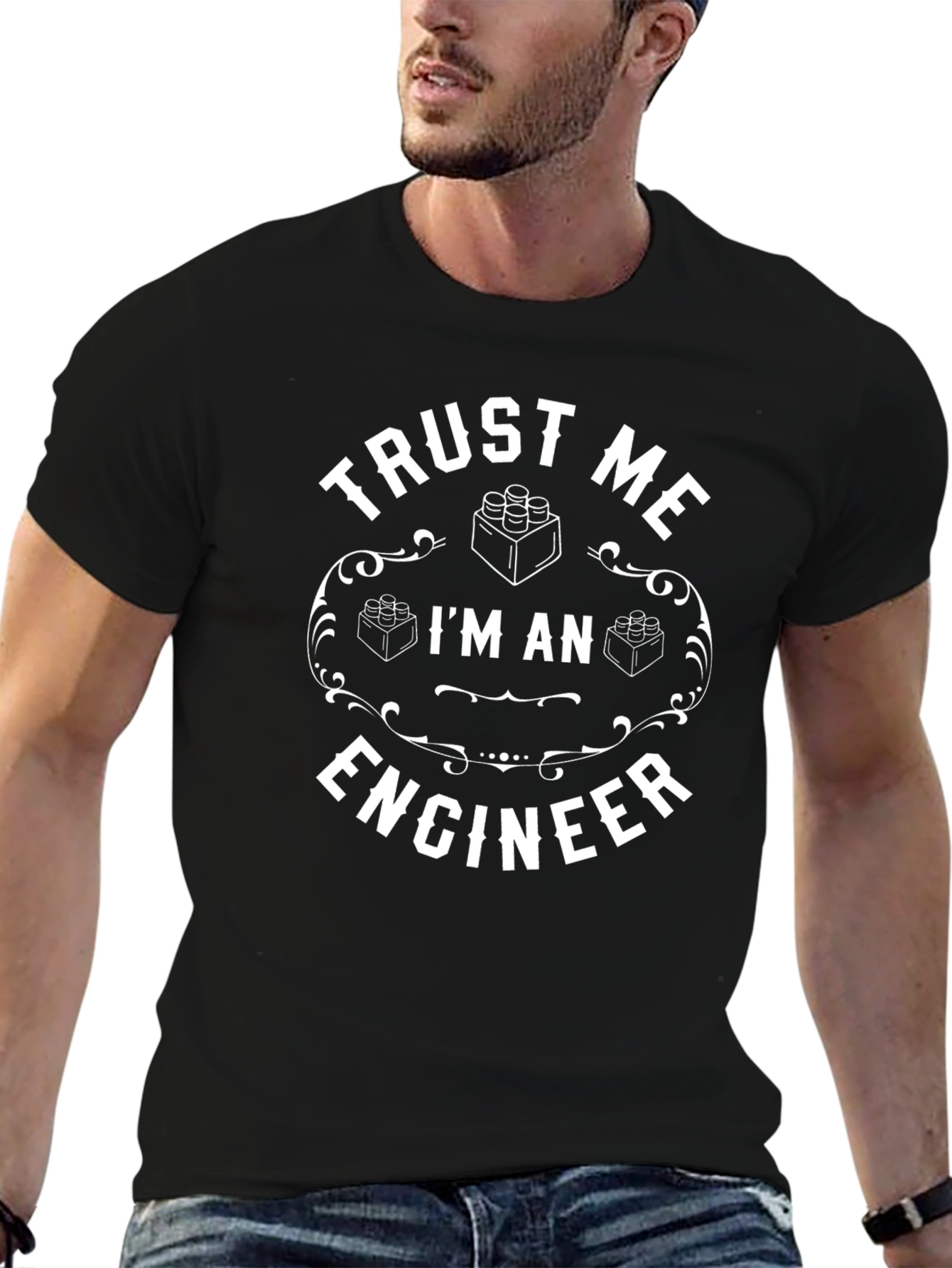 Black Trust Me I'm An Engineer T-Shirt - Funny Building Block Design view 6